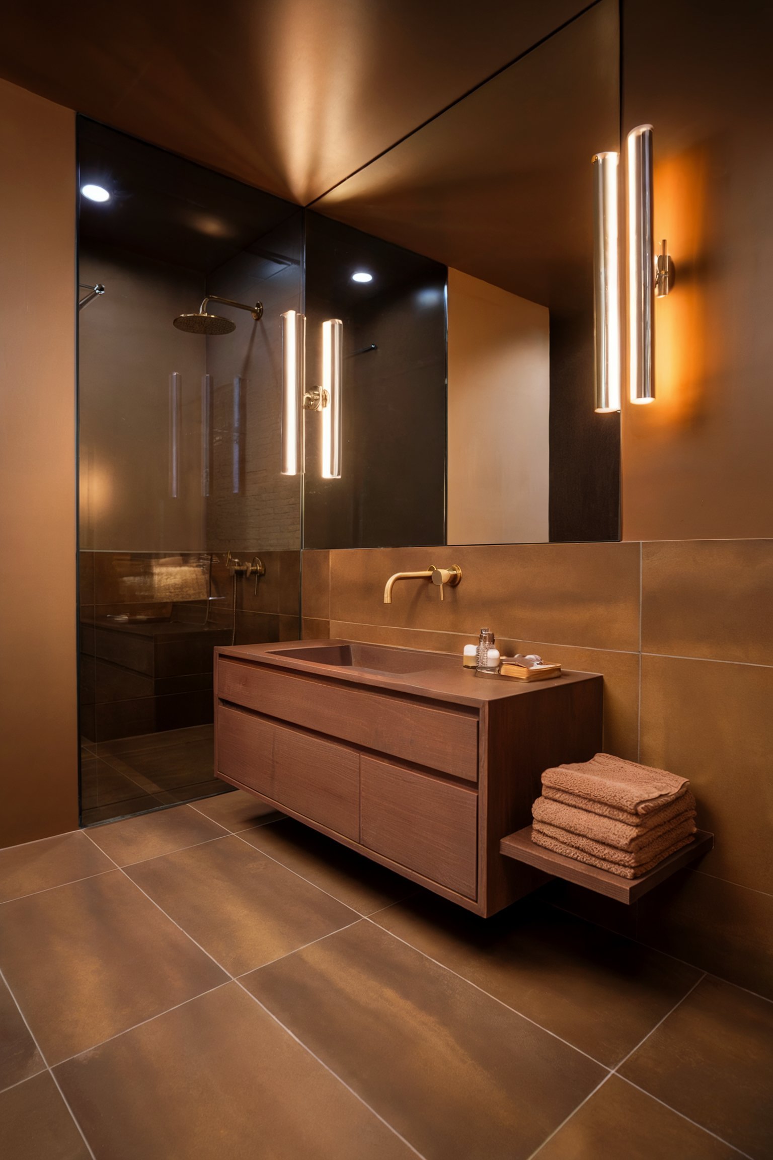 A modern bathroom with warm brown tones, a sleek floating wooden vanity, glass shower, and minimalist lighting fixtures