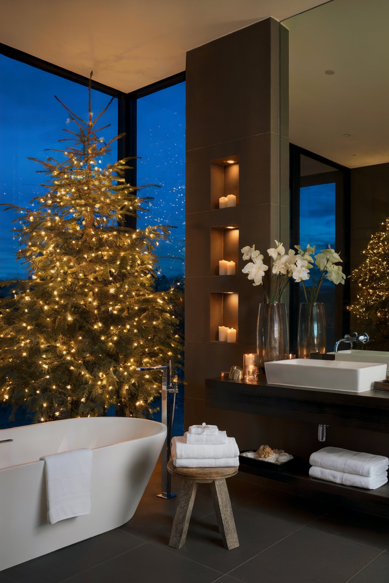 A modern bathroom featuring a large lit Christmas tree beside a bathtub, candles, and glass vases with white flowers