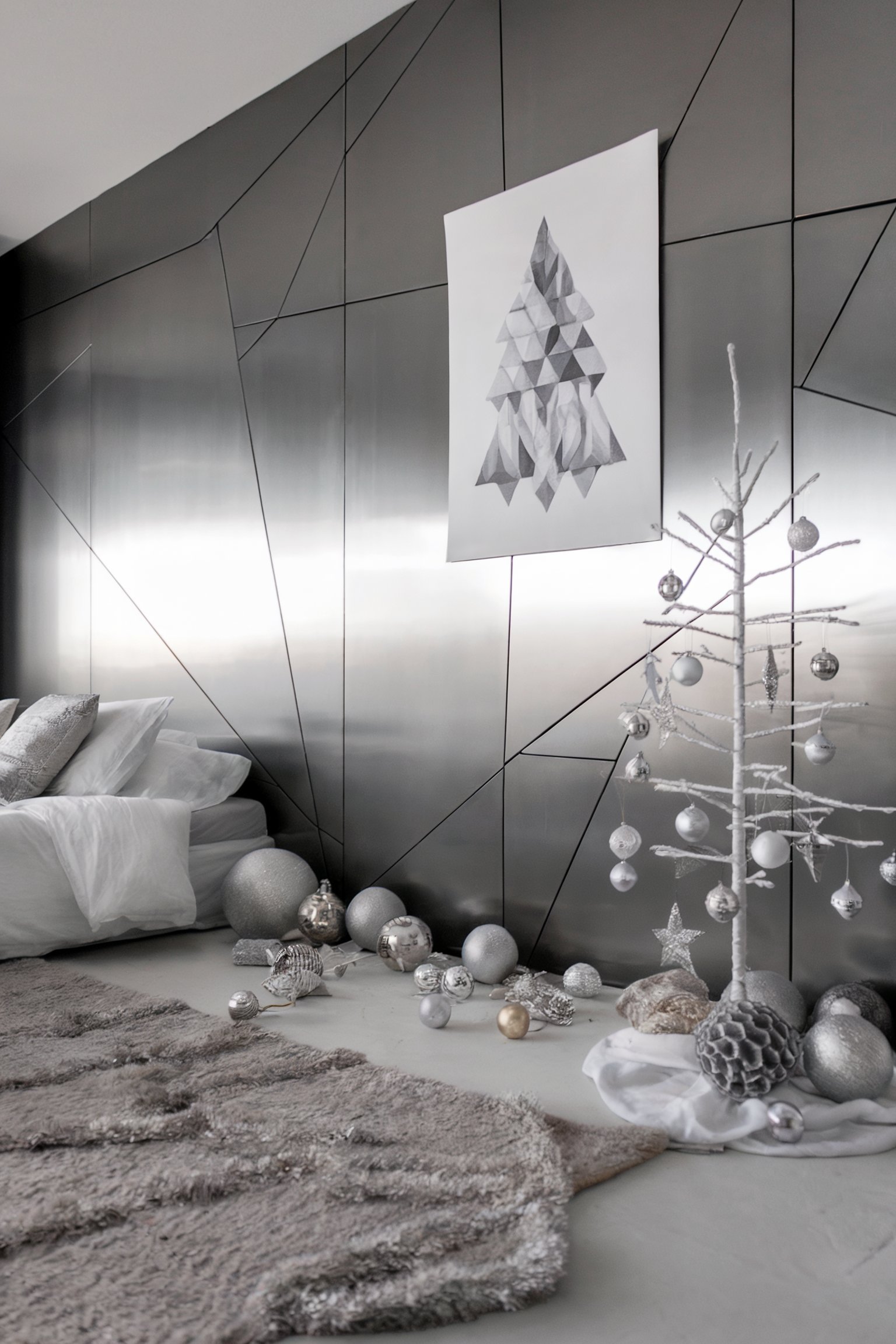 A modern bedroom with dark gray walls, a metal Christmas tree, silver ornaments, and a gray rug