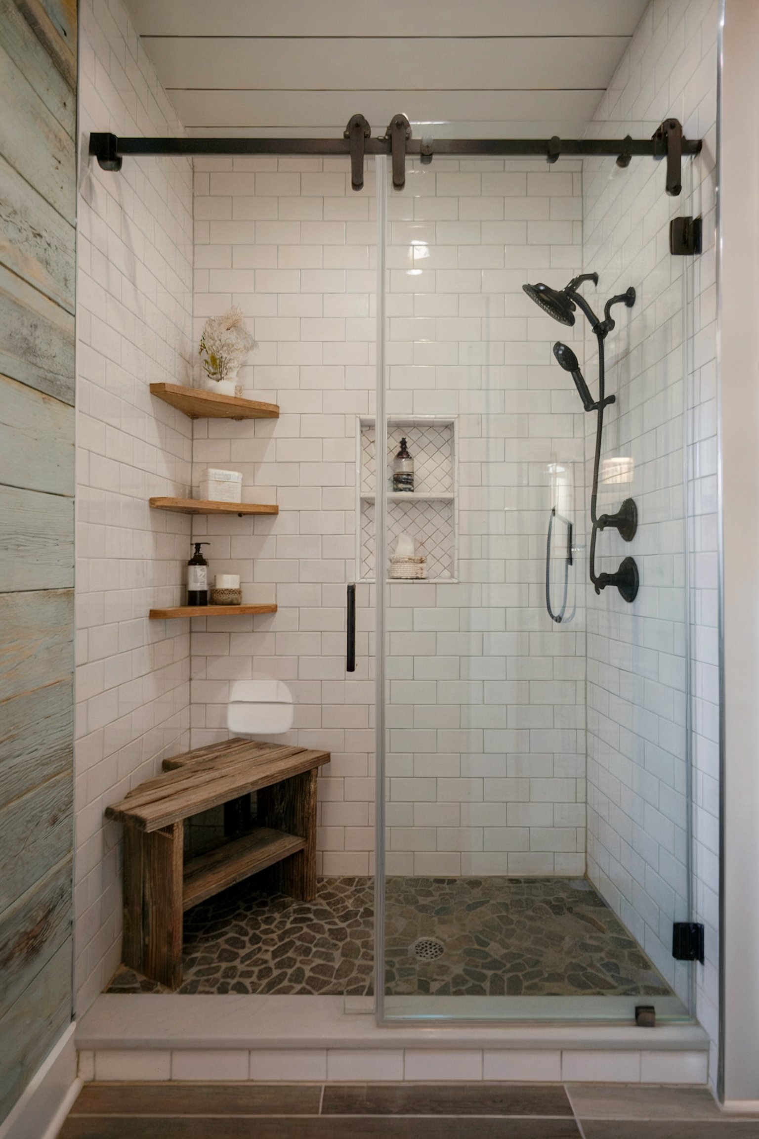 Farmhouse-style shower with subway tiles, rustic wooden bench, shelves, and black fixtures