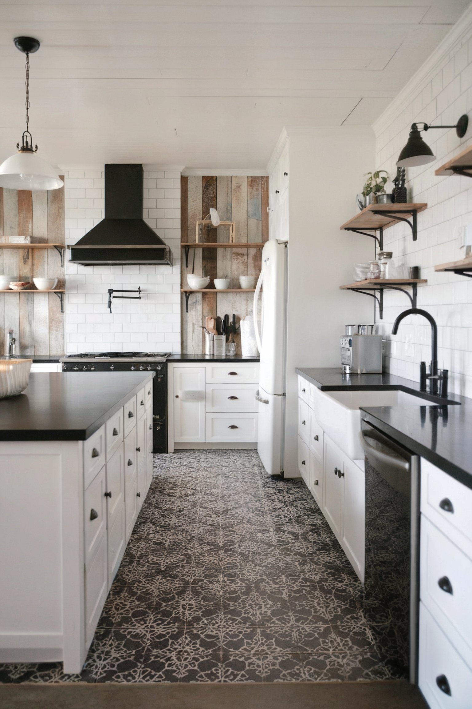 A modern farmhouse kitchen featuring white cabinetry, black accents, and rustic wooden shelving with patterned floor tiles