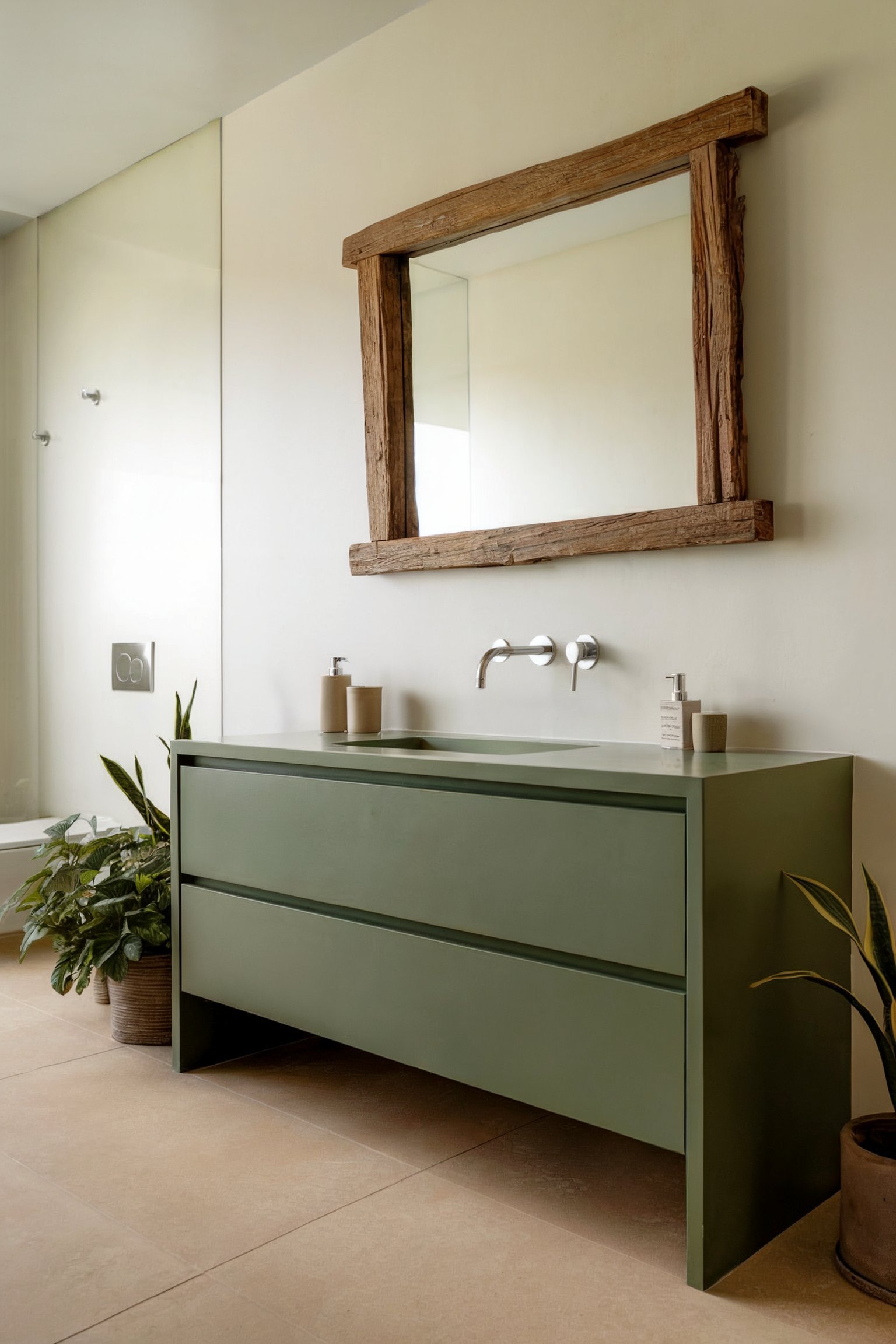 A contemporary bathroom with a minimalist green vanity and a rustic wooden-framed mirror, accented by natural plants