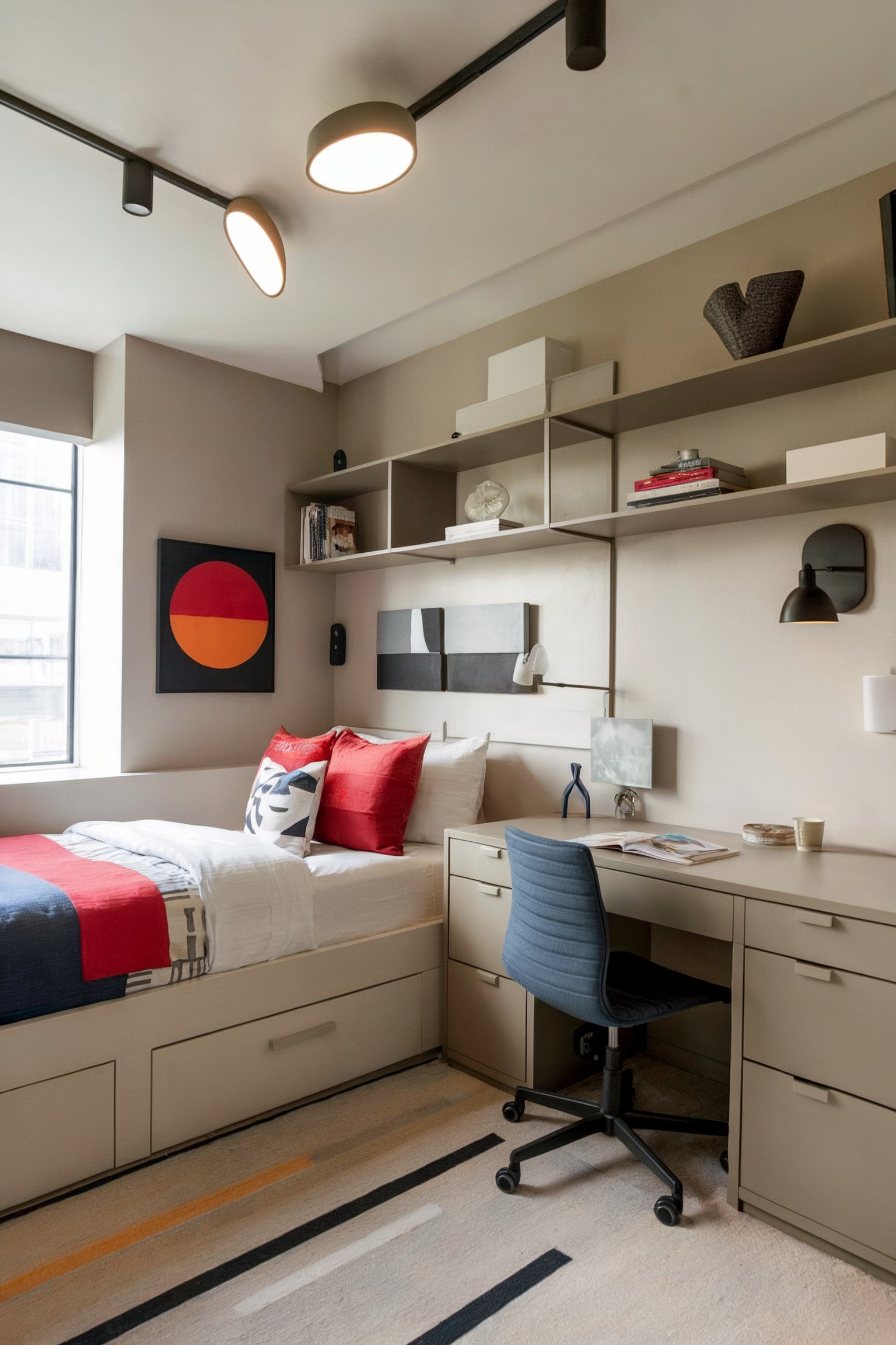 A bedroom with light gray walls, a built-in storage bed, and a study desk, accented with red and blue geometric decor