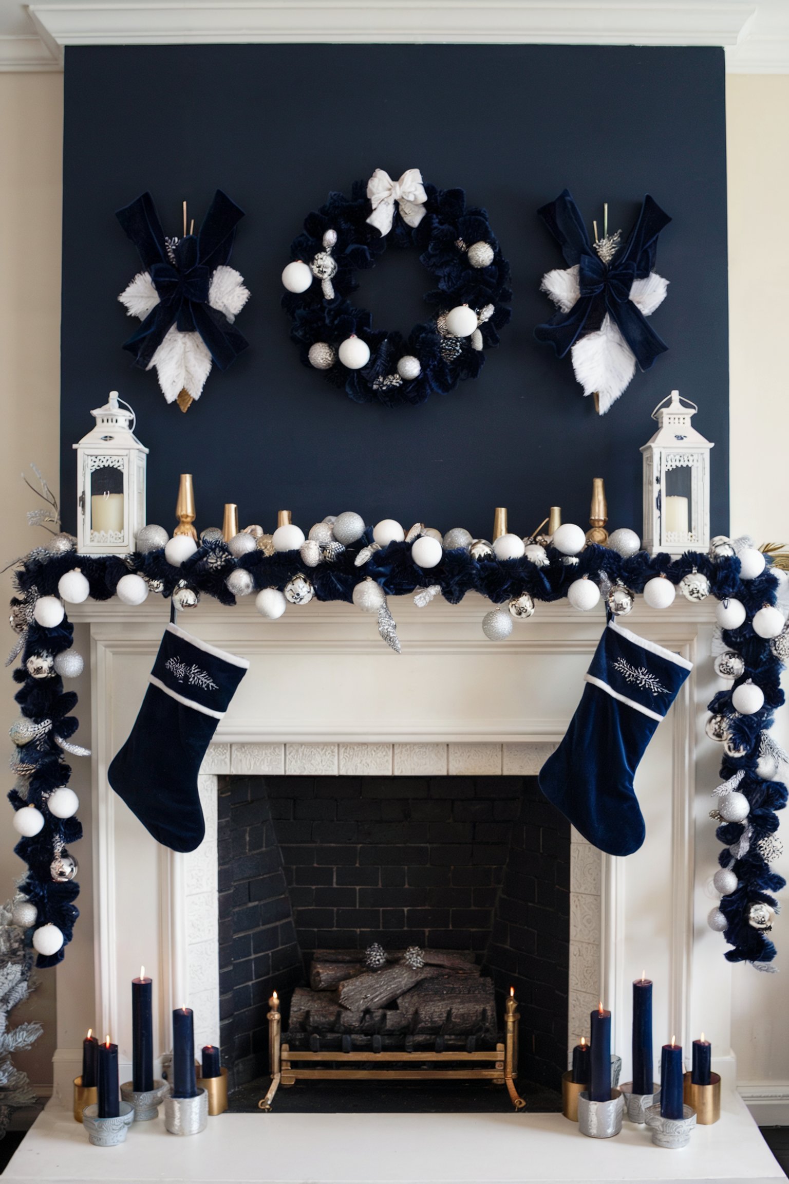 Fireplace with navy garland, stockings, and a navy wreath