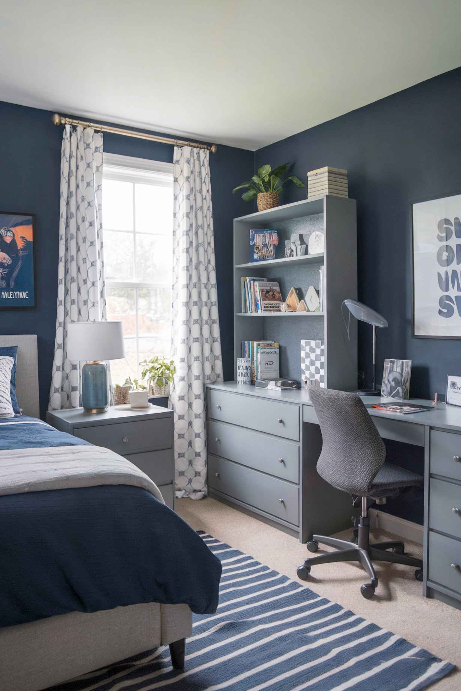 A navy blue and gray themed bedroom with a built-in desk and shelves, featuring a striped rug and natural light from a large window