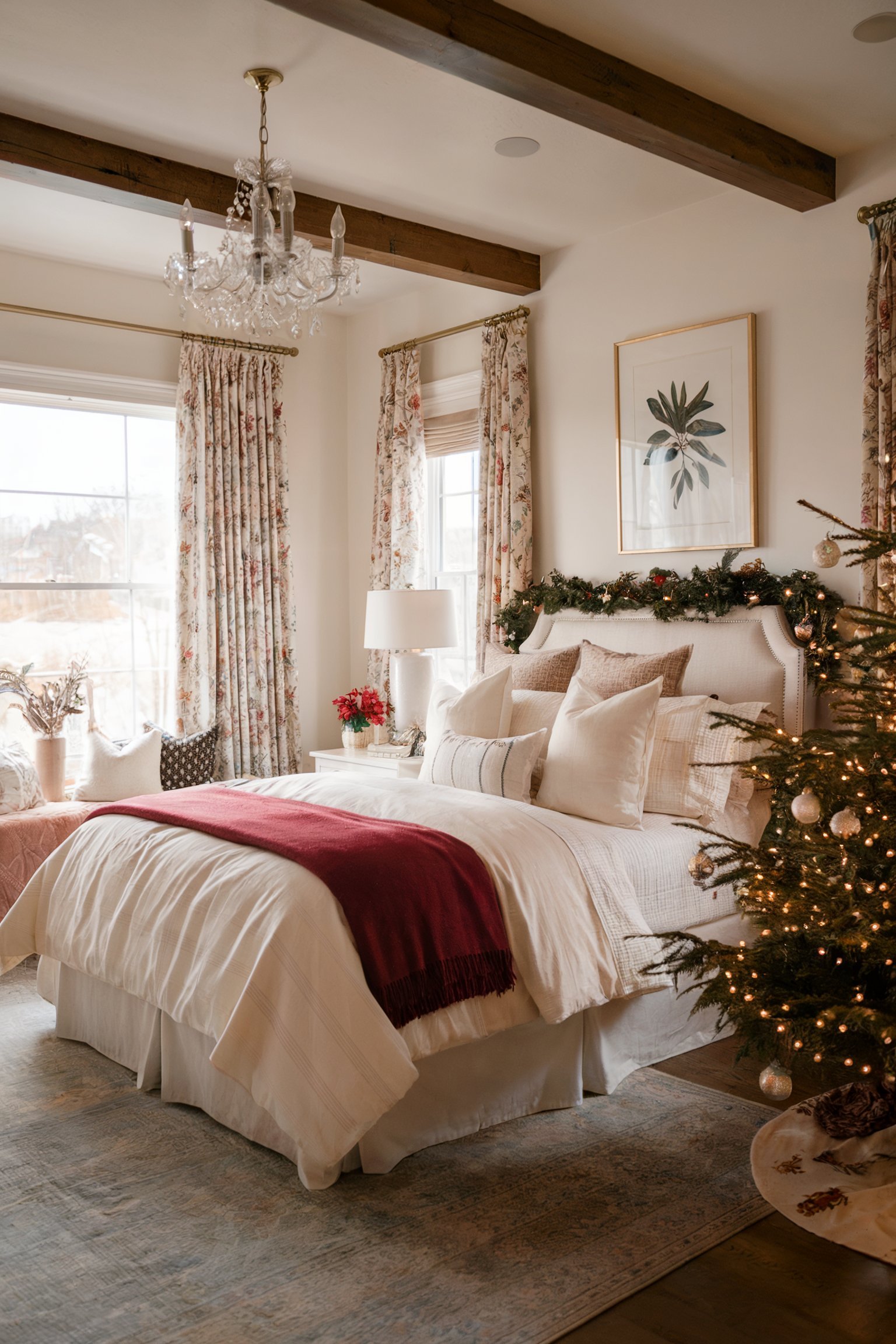 A warm and inviting bedroom featuring a chandelier, neutral bedding, a pop of red, and Christmas garlands hanging above the bed