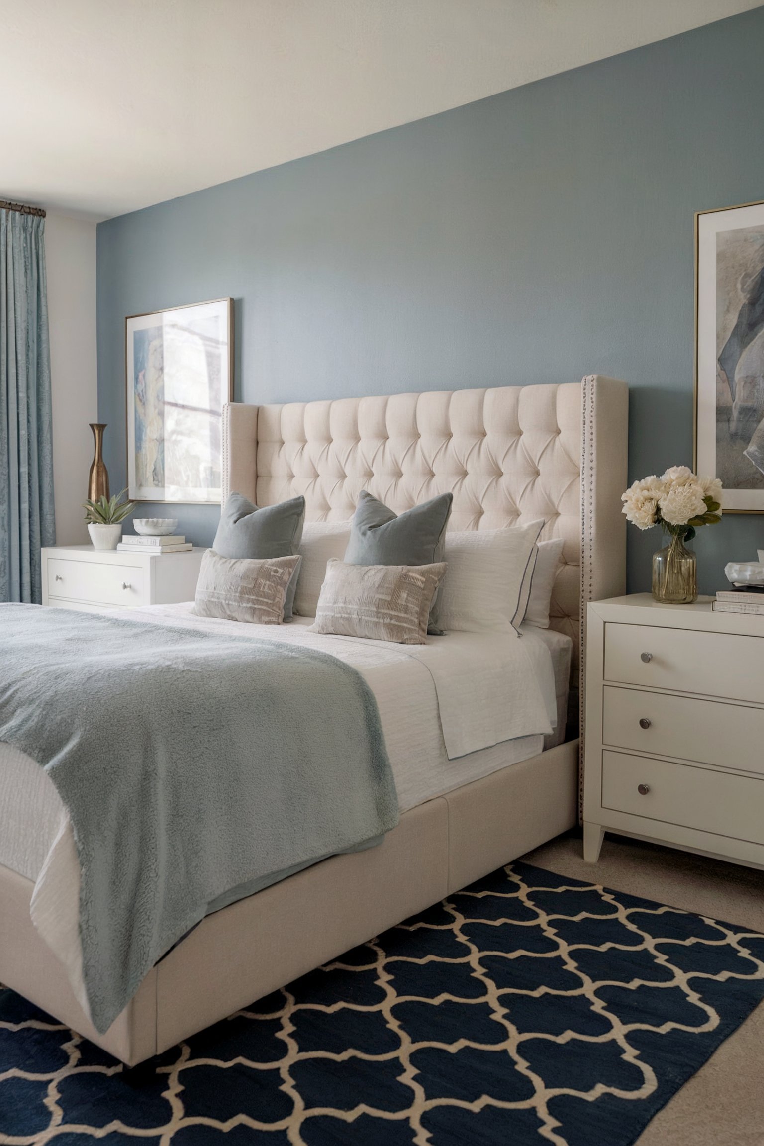 A serene bedroom with a tufted beige headboard, soft blue walls, and white furniture, accented by a navy rug with a geometric pattern