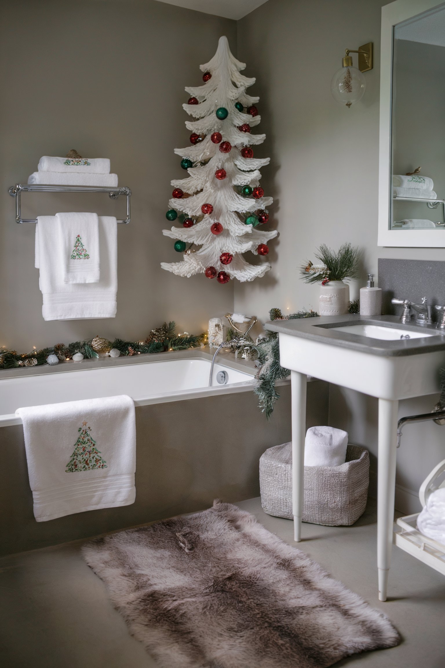 A modern bathroom with a wall-mounted white Christmas tree adorned with red and green ornaments, festive towels, and garland around the tub