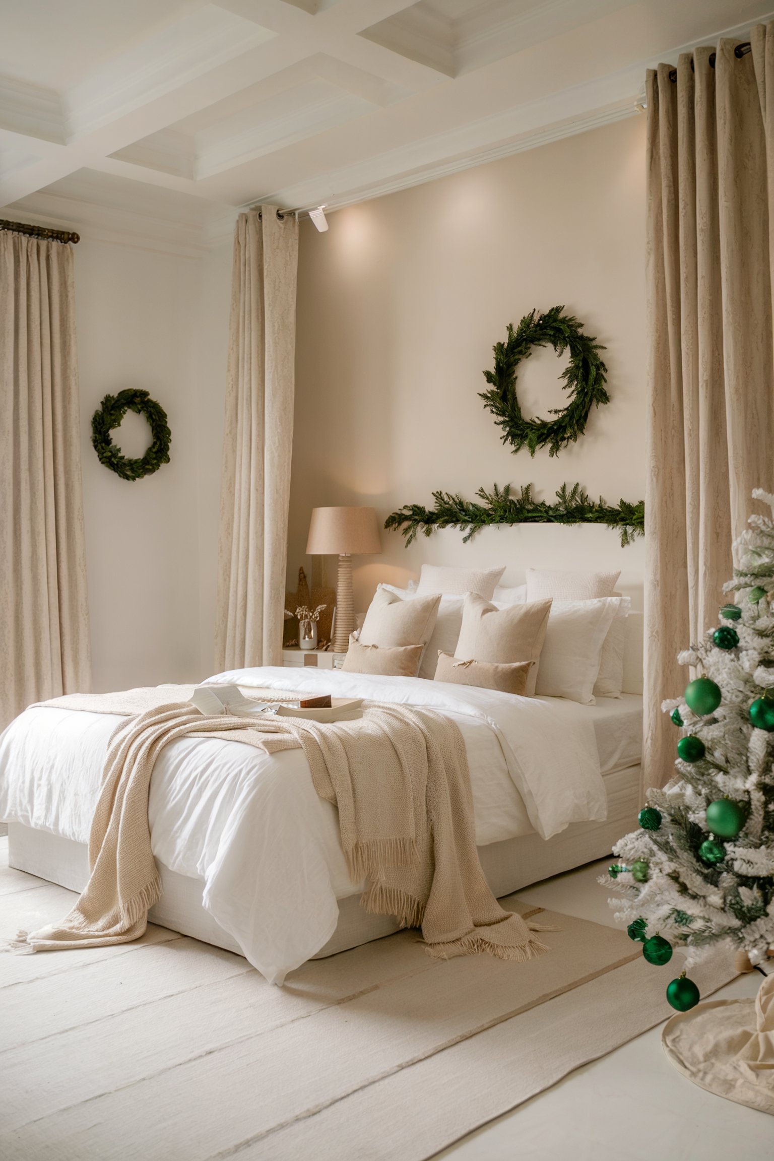 A serene bedroom with beige bedding, simple wreaths, and a Christmas tree with green ornaments