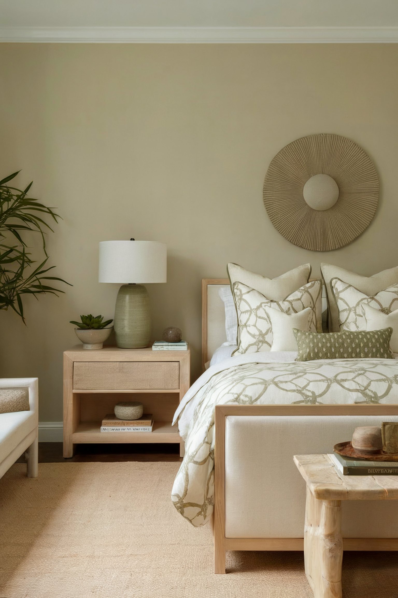A calm, neutral-toned bedroom with a natural wood bed frame and nightstand, beige walls, and soft cream and sage green bedding