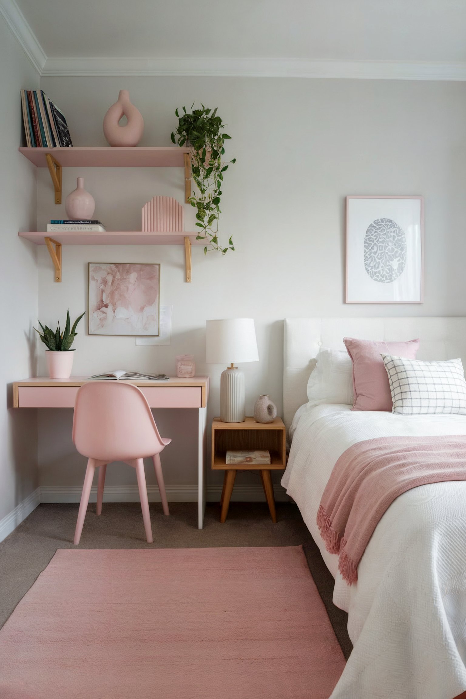 A light and airy bedroom featuring soft pink and white accents, a cozy desk setup, and floating shelves adorned with plants and decor