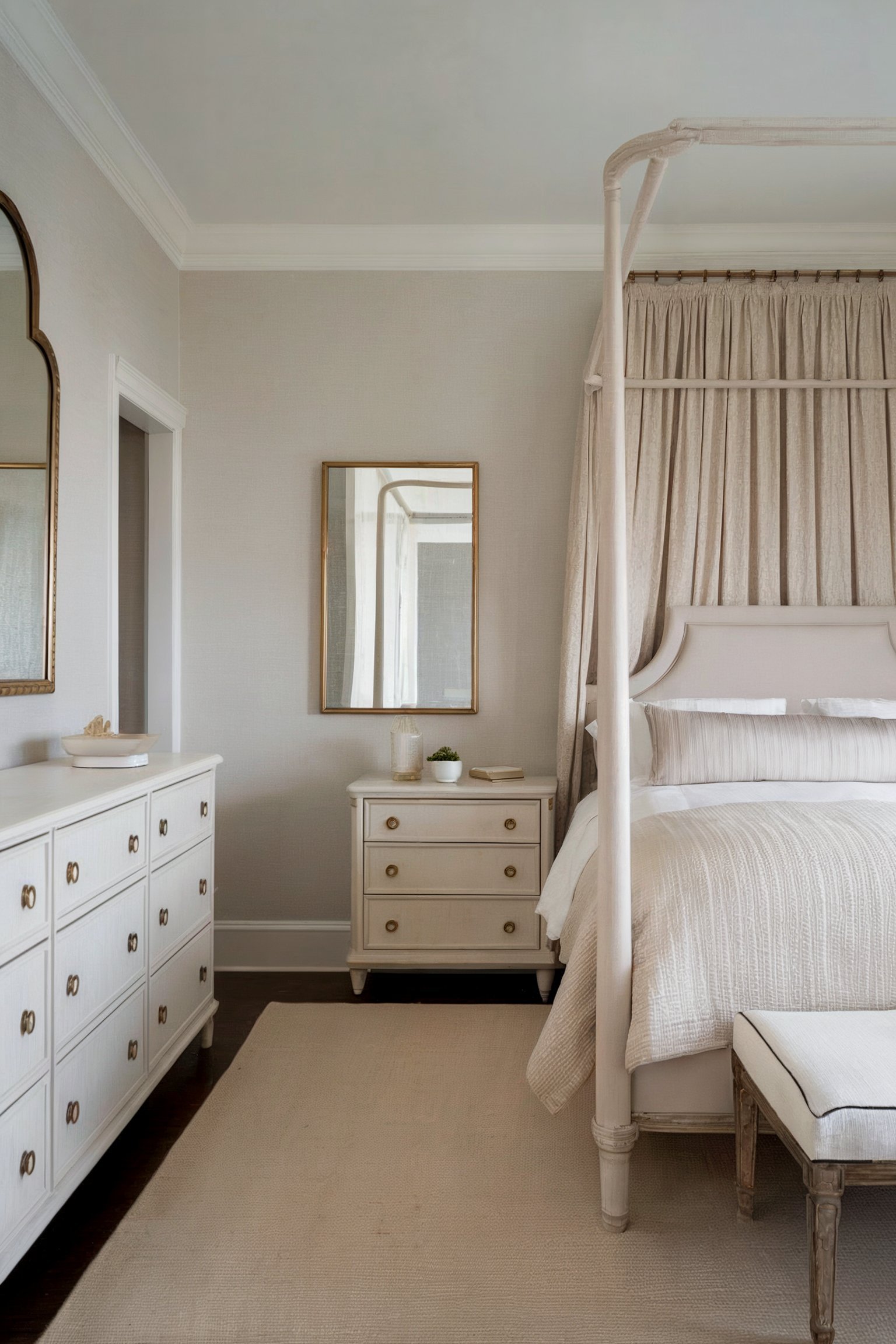 An elegant, minimalist bedroom with neutral tones, featuring a four-poster bed, light bedding, and white dressers