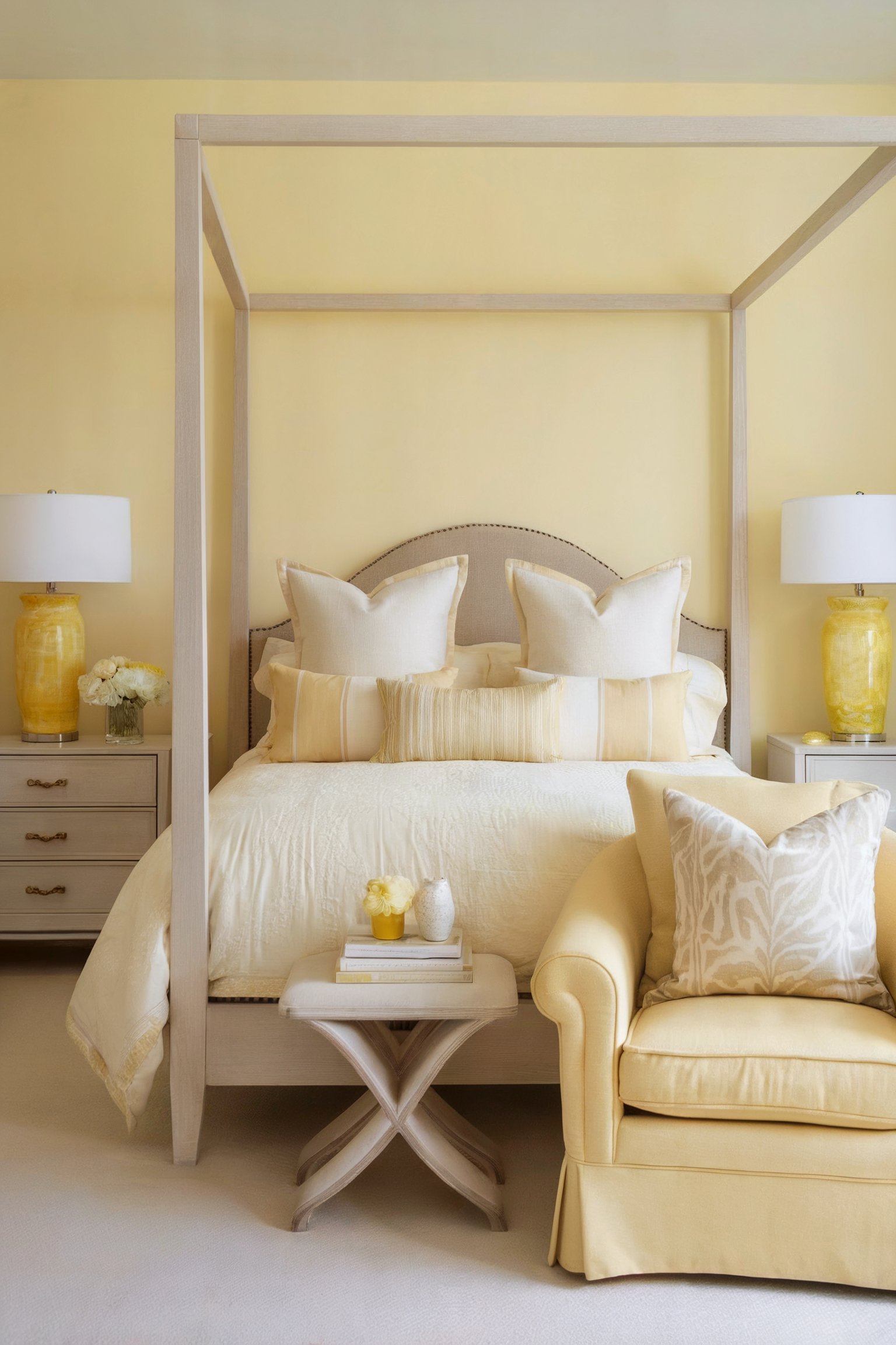 A sunny yellow bedroom with a four-poster bed, matching armchair, and light wood furniture, creating a bright, inviting space