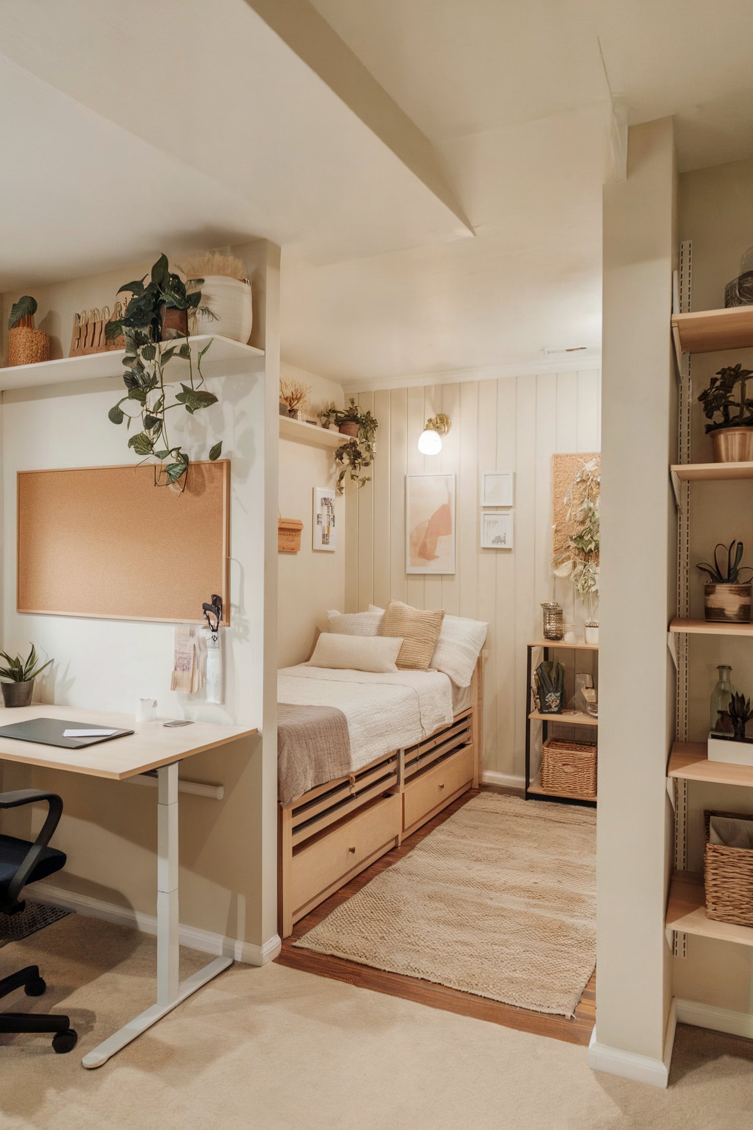 A small and functional basement bedroom and office combo with a built-in desk, plants, and a cozy bed surrounded by light wood accents
