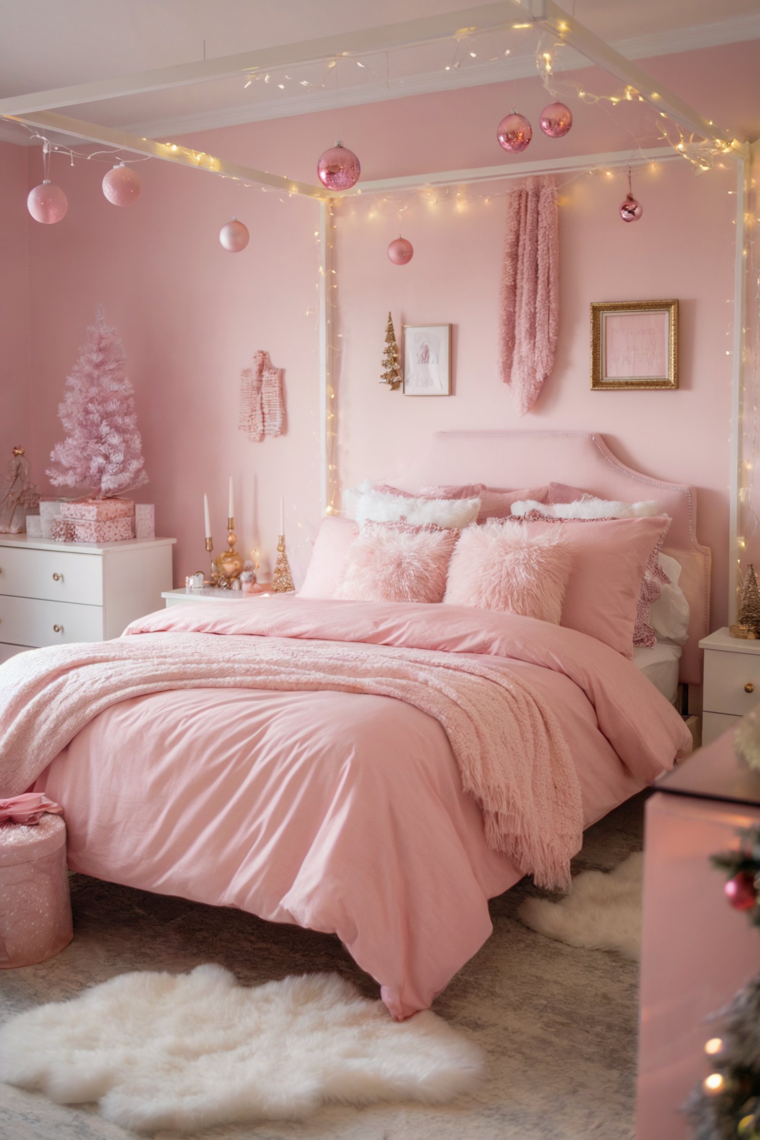 A soft and whimsical pink bedroom adorned with fairy lights and pink Christmas decorations, including a mini tree and ornaments