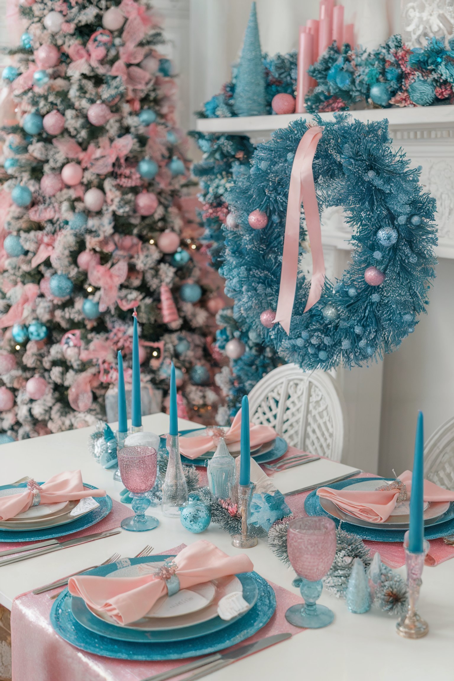 Pink and blue-themed tree with a vibrant blue wreath and matching dining table setting
