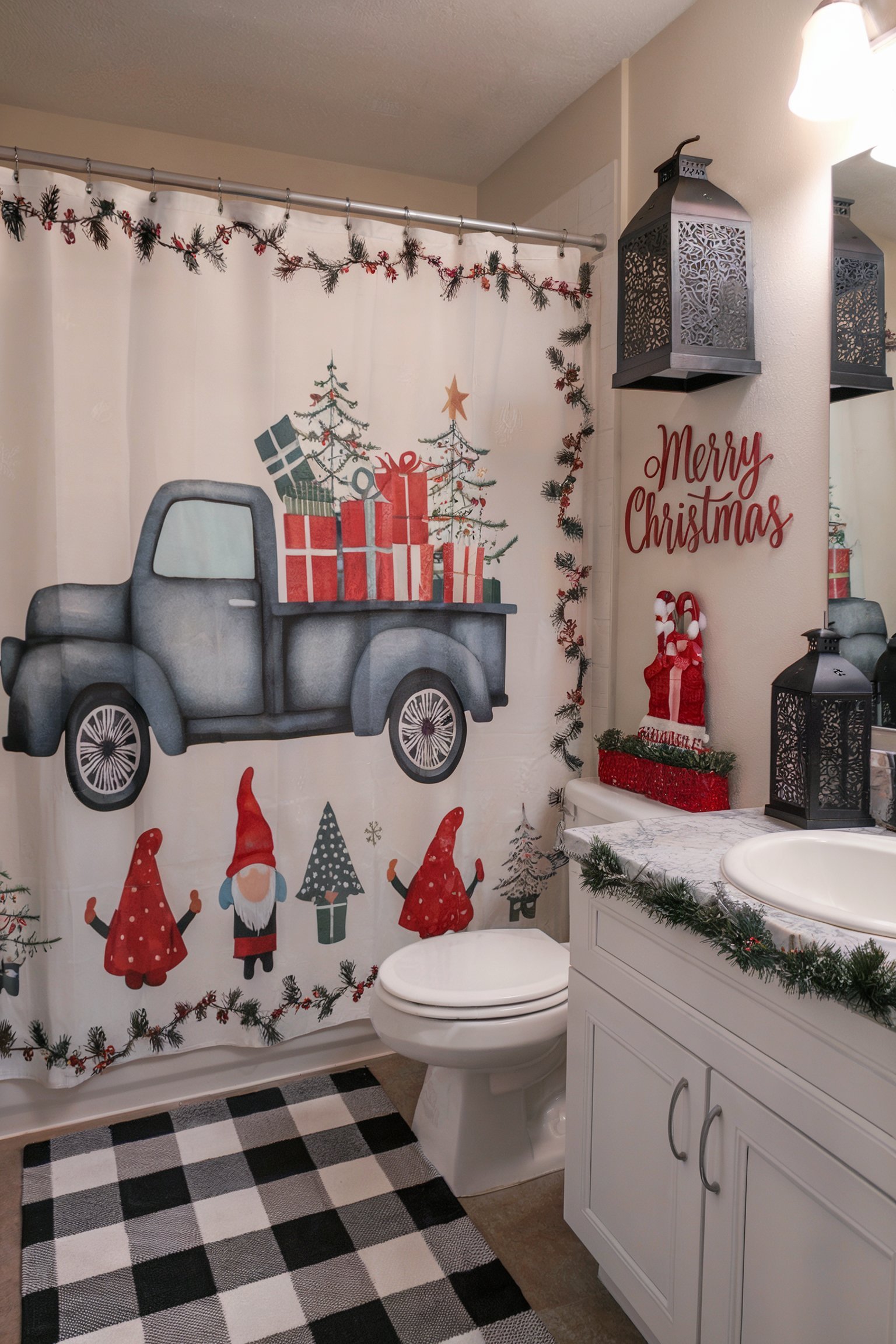 Bathroom with a Christmas truck shower curtain, gnomes, and "Merry Christmas" wall decor