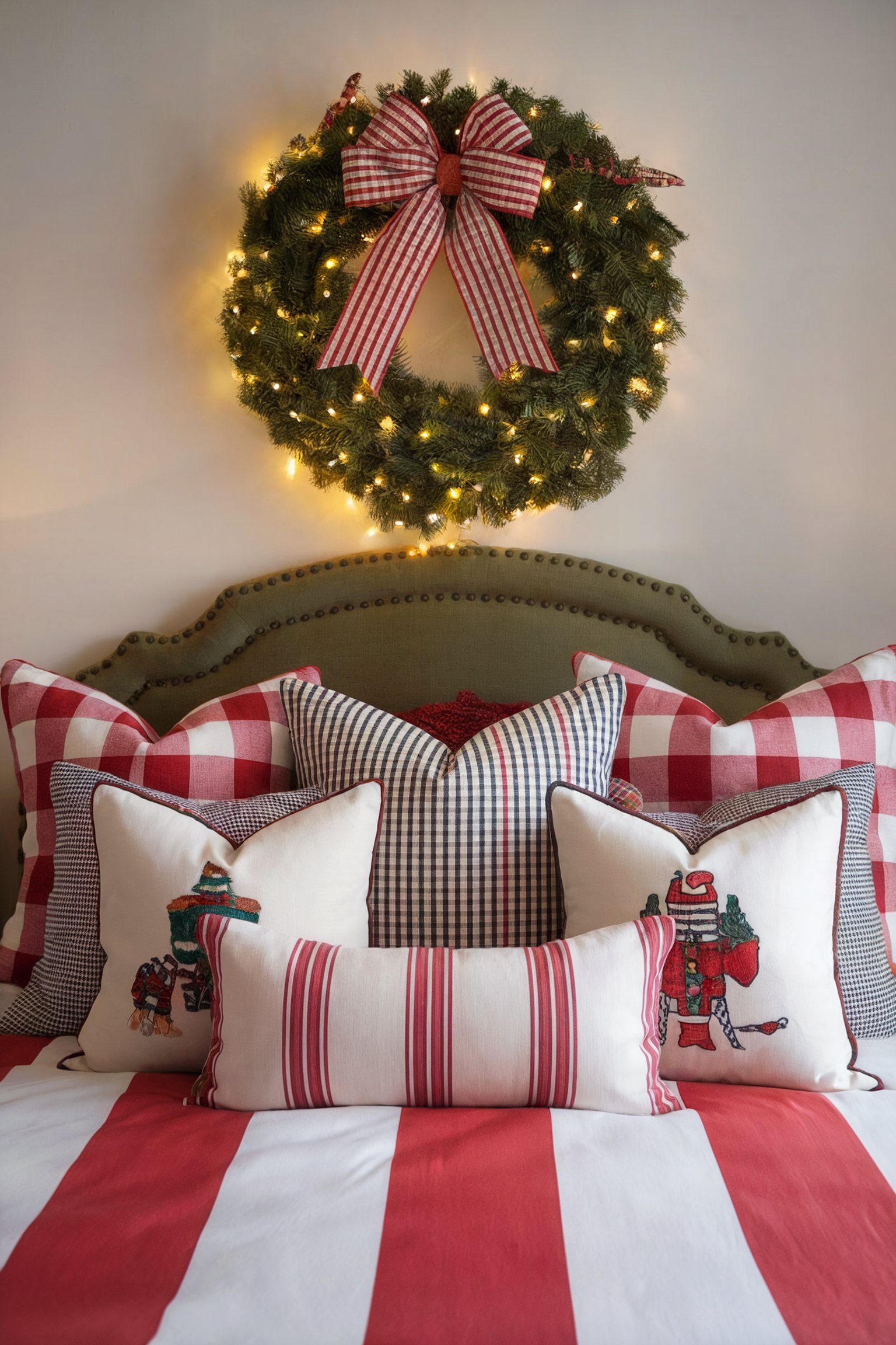 A red and white bed with a plaid pillow arrangement and a lit wreath with a red bow above the headboard
