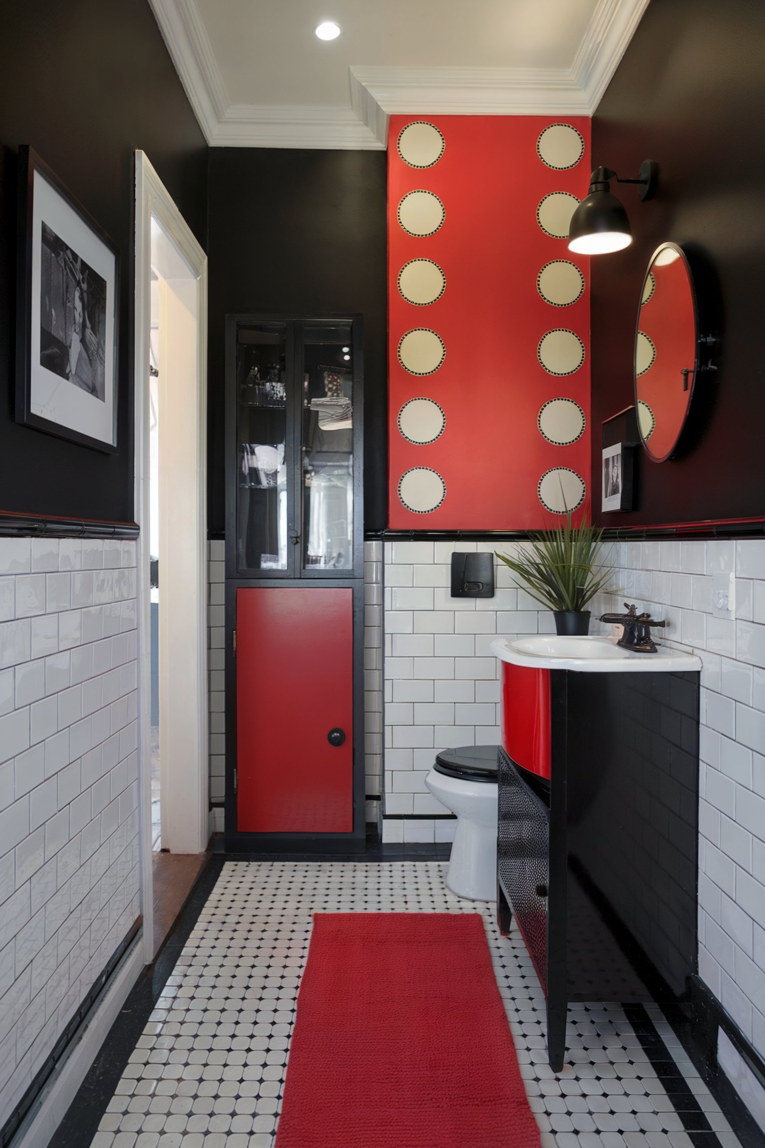 A retro-inspired bathroom with black and red decor, white subway tile walls, and a red vanity, accented by a black and white tiled floor