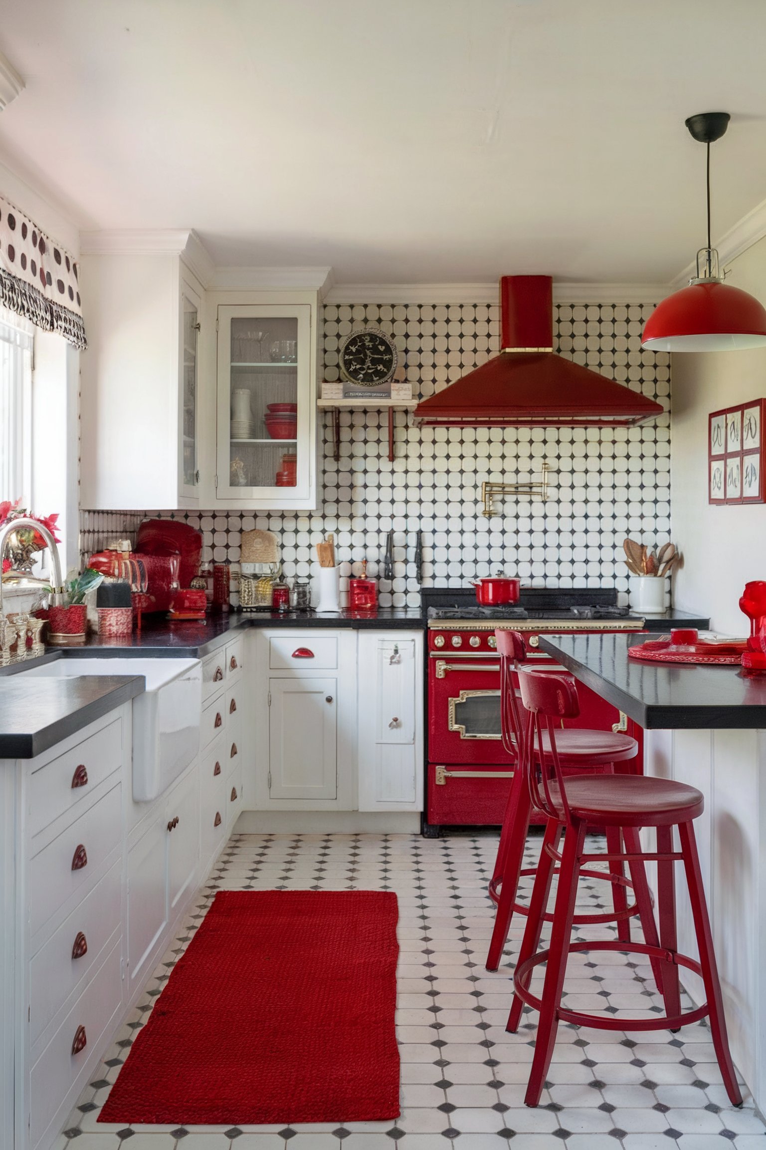 Retro-inspired kitchen with white cabinets, black countertops, and red accents, including a bold red stove and matching decor