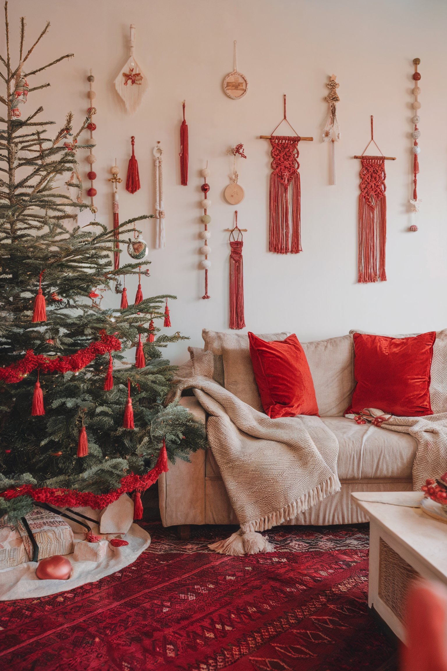 A living room with a Christmas tree decorated with red tassels and a red garland, alongside a beige sofa with red pillows