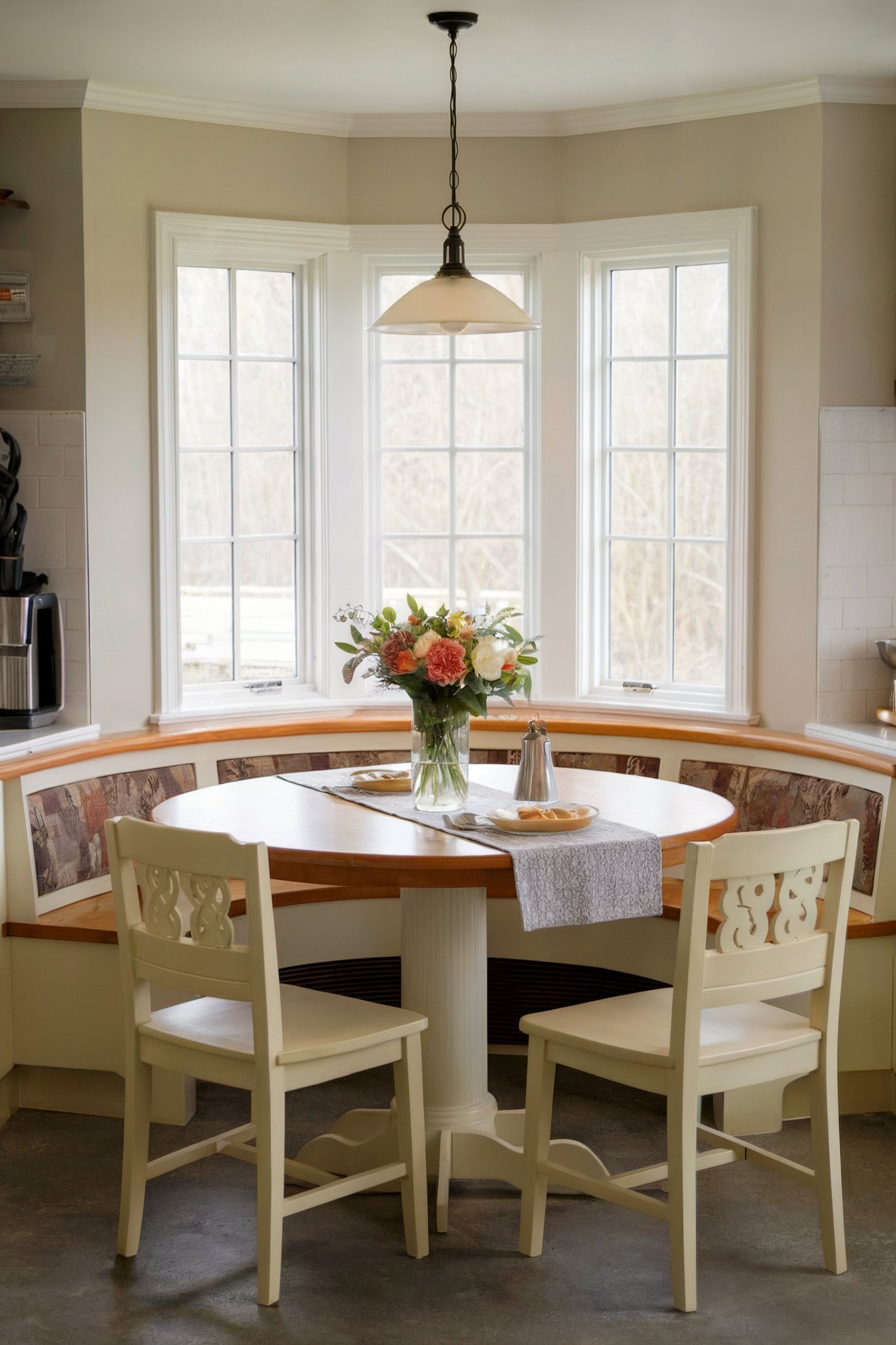 A bright bay window nook with a round table and floral centerpiece, offering a charming spot for meals