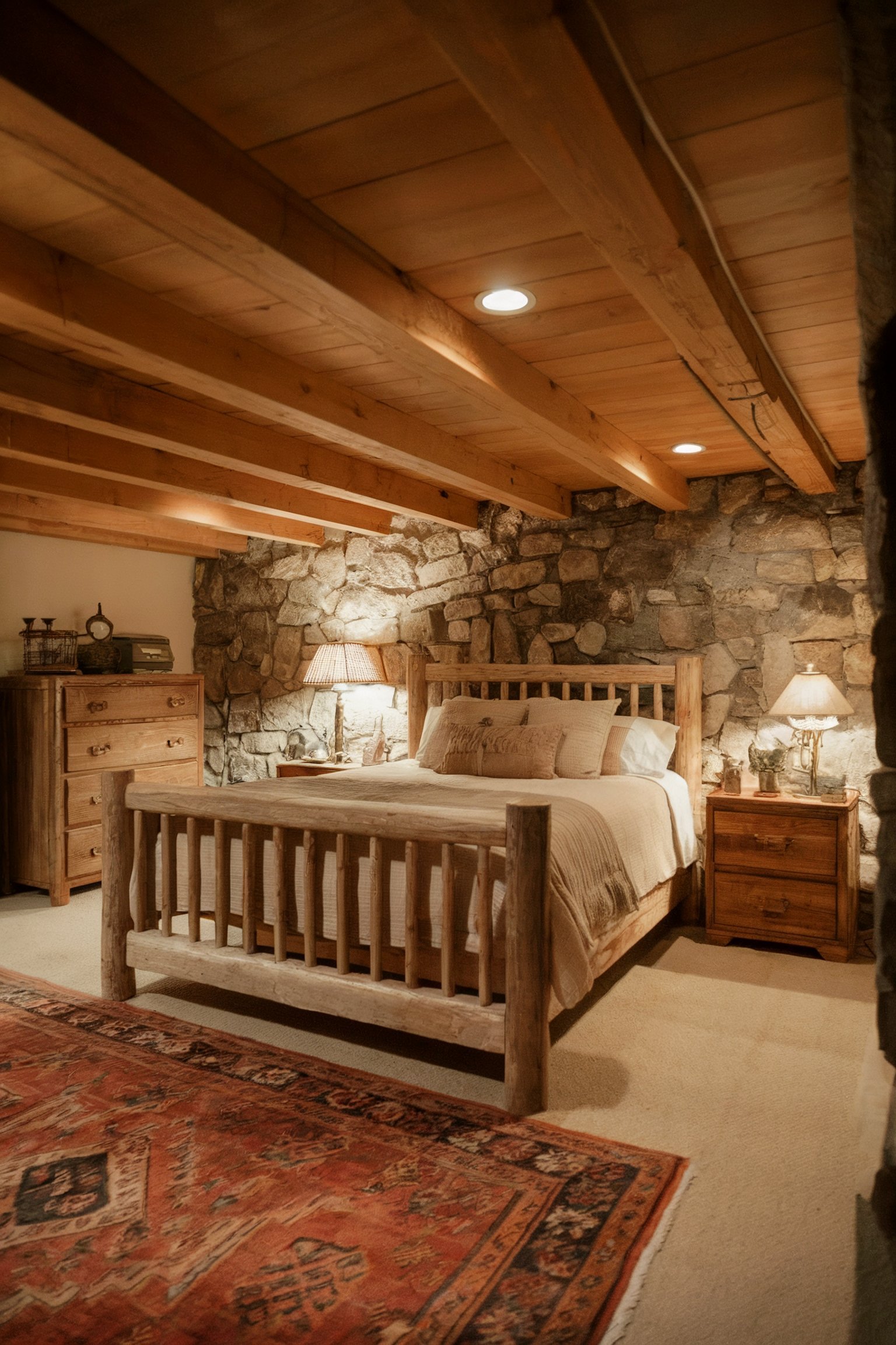A rustic bedroom with exposed stone walls, a wooden bed, and natural wood ceiling beams, creating a cozy and warm atmosphere