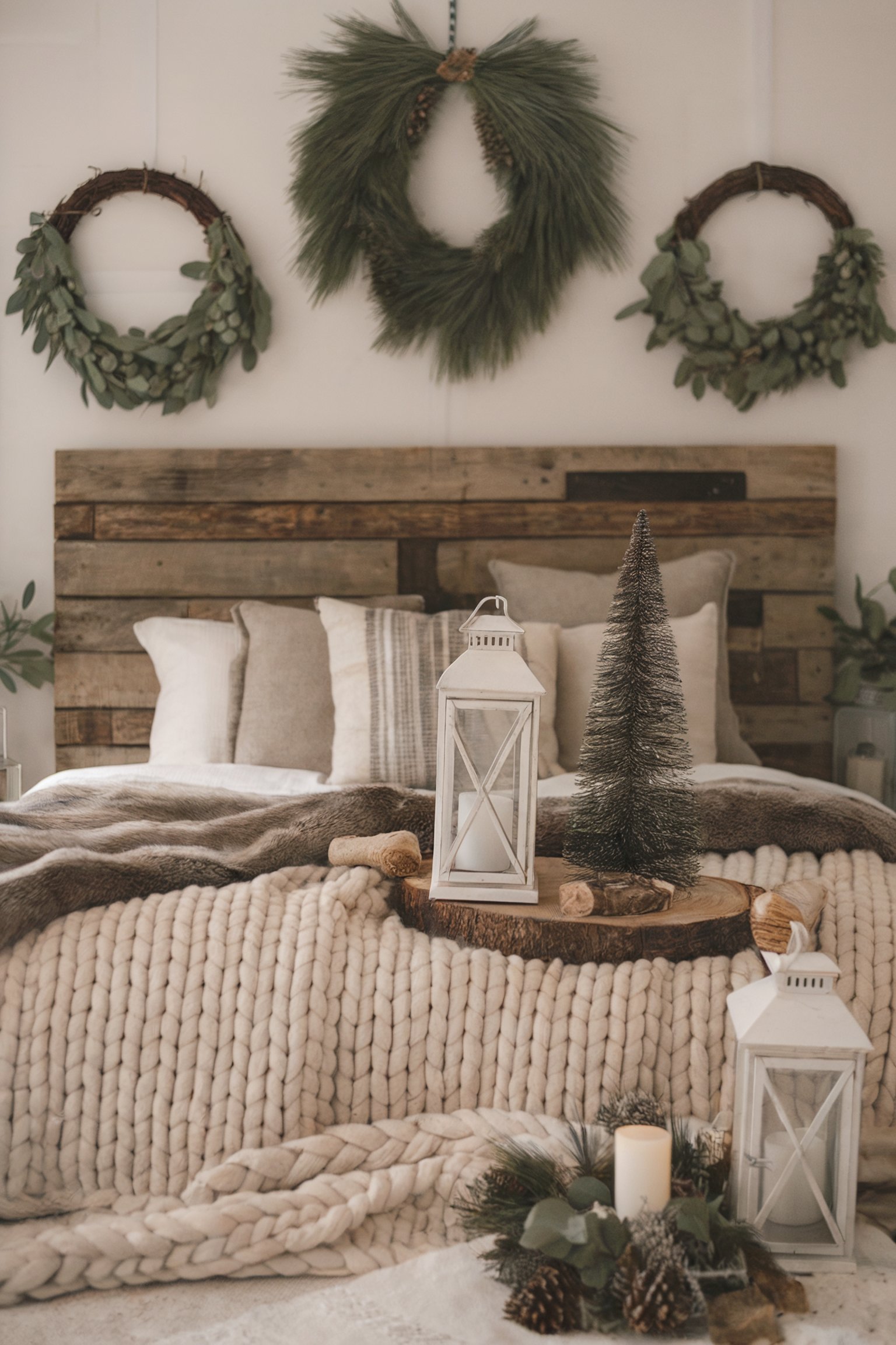 A rustic-style bedroom featuring wreaths on the wall, a wooden headboard, and cozy winter-themed decor like lanterns and a mini tree