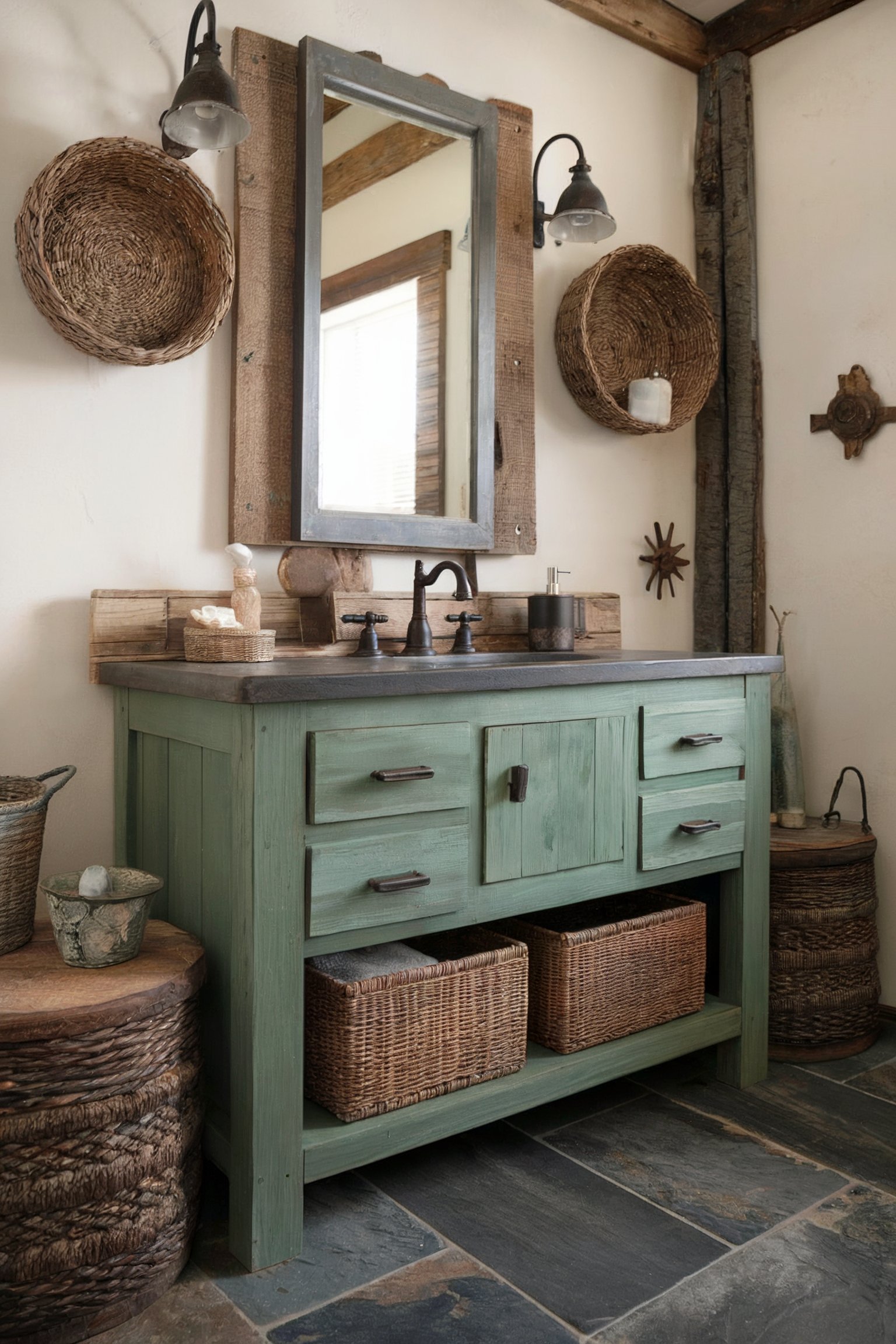 A rustic farmhouse-style bathroom featuring a green wooden vanity with woven baskets for storage, complemented by natural textures and wood accents
