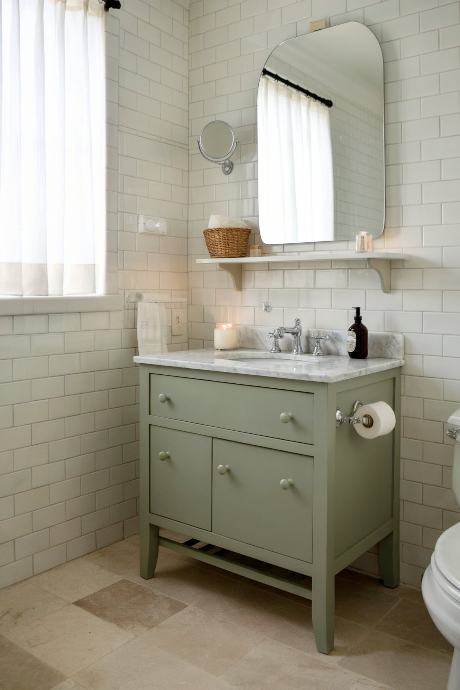 A small bathroom with a sage green vanity, white subway tile walls, and a minimalist shelf above the sink