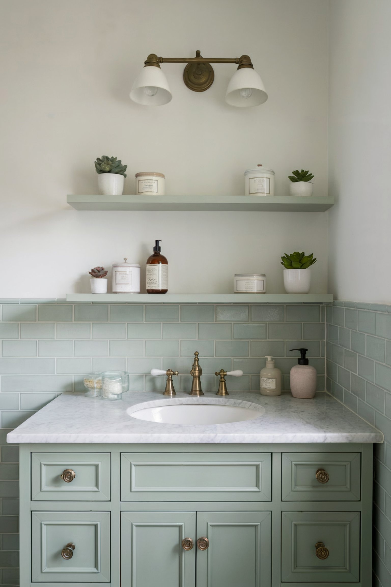 A seafoam green vanity with brass fixtures, marble countertop, and decorative shelves featuring plants and candles