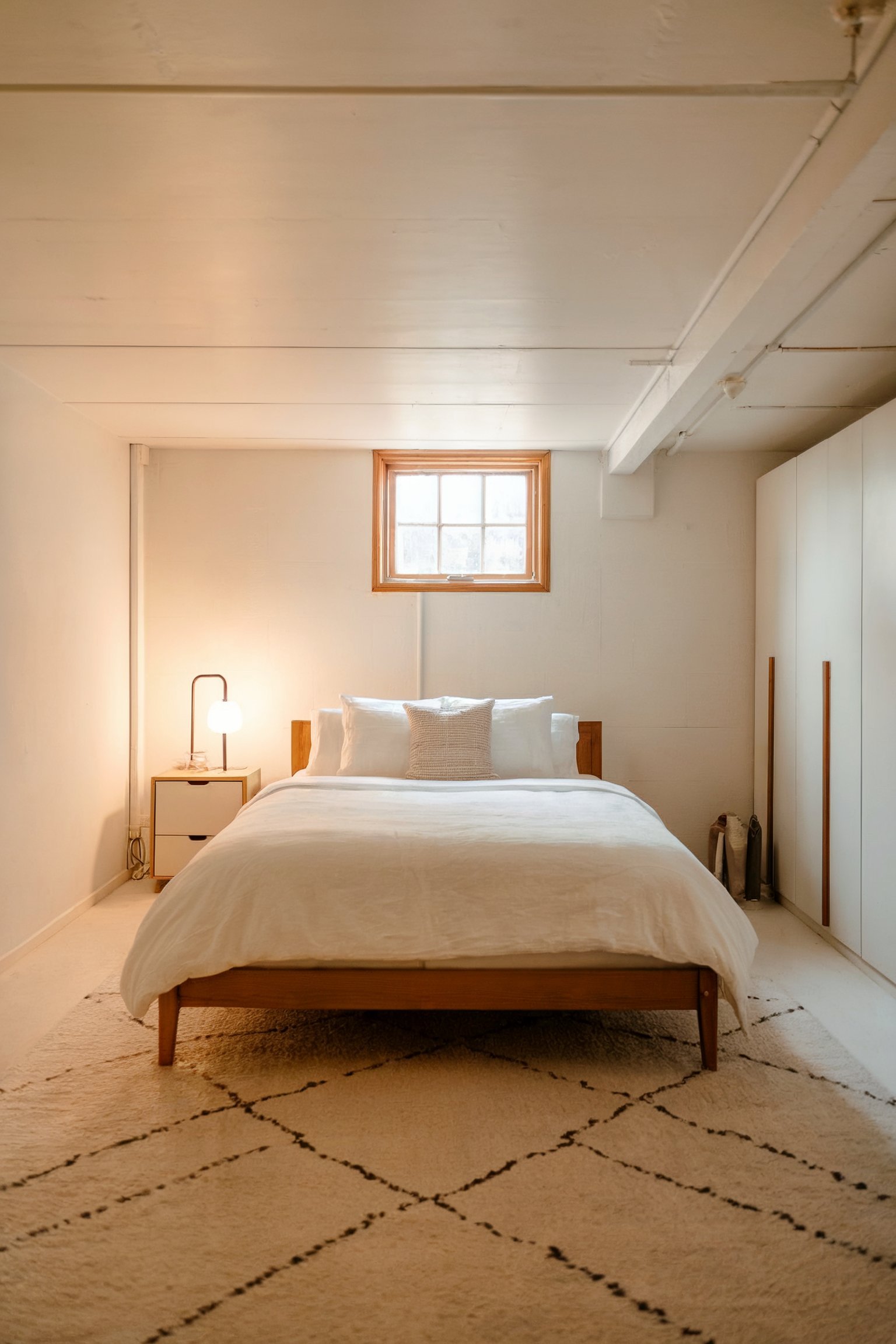 A minimalist basement bedroom with white walls, a wooden bed frame, simple decor, and a small window bringing in natural light