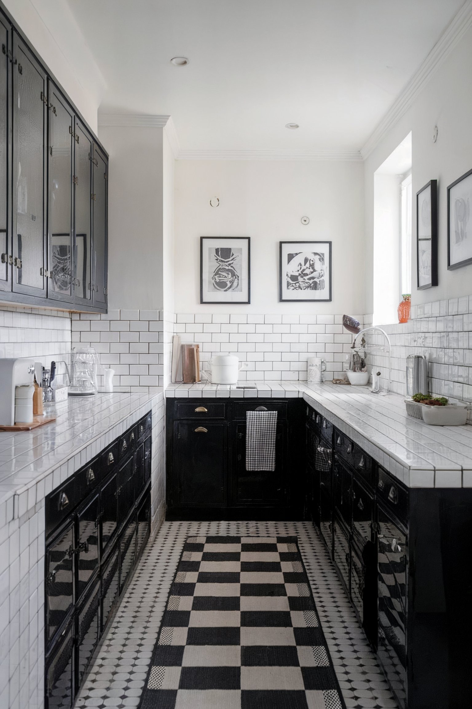 A narrow black and white kitchen with modern black cabinets, white tiled walls, and checkered floor accents