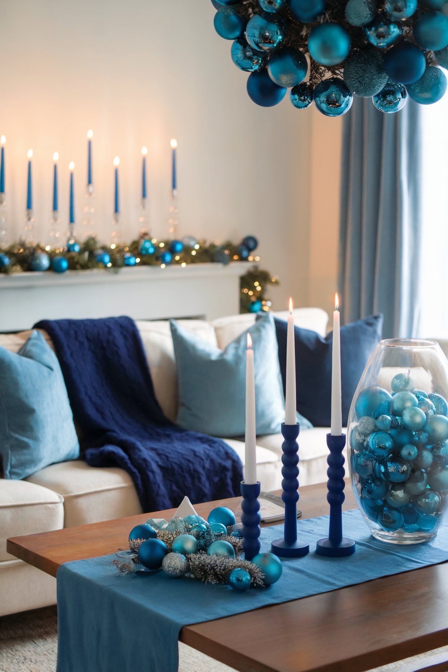 A living room decorated in shades of blue, with a sofa and table adorned with blue ornaments, candles, and garland