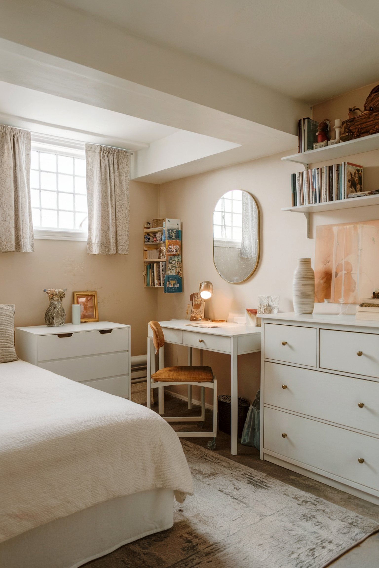 A small, bright bedroom with a minimalistic white desk, floating shelves, and a window that lets in natural light