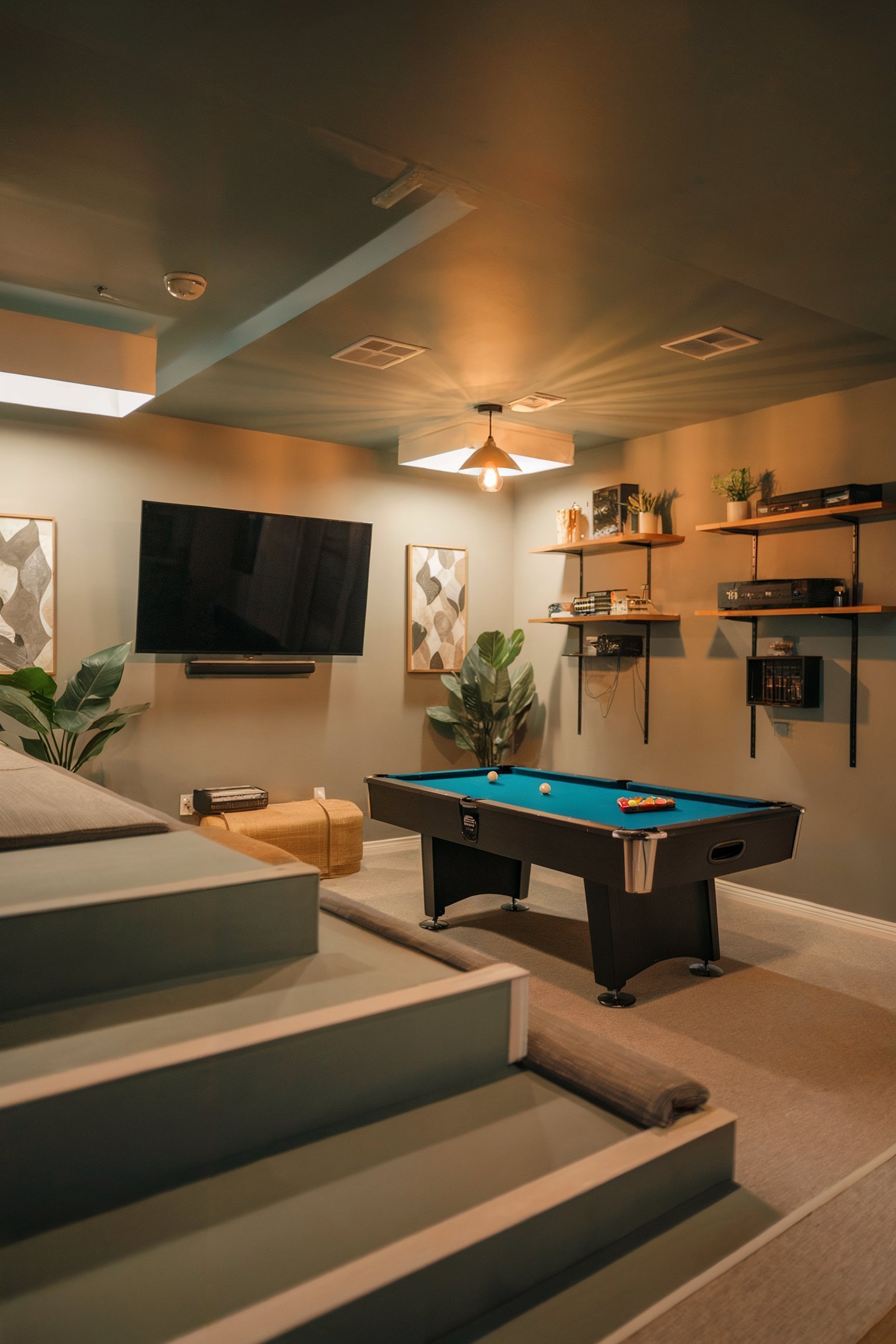 A game room featuring a pool table, TV, and lounge seating with modern decor in a dark, intimate basement space