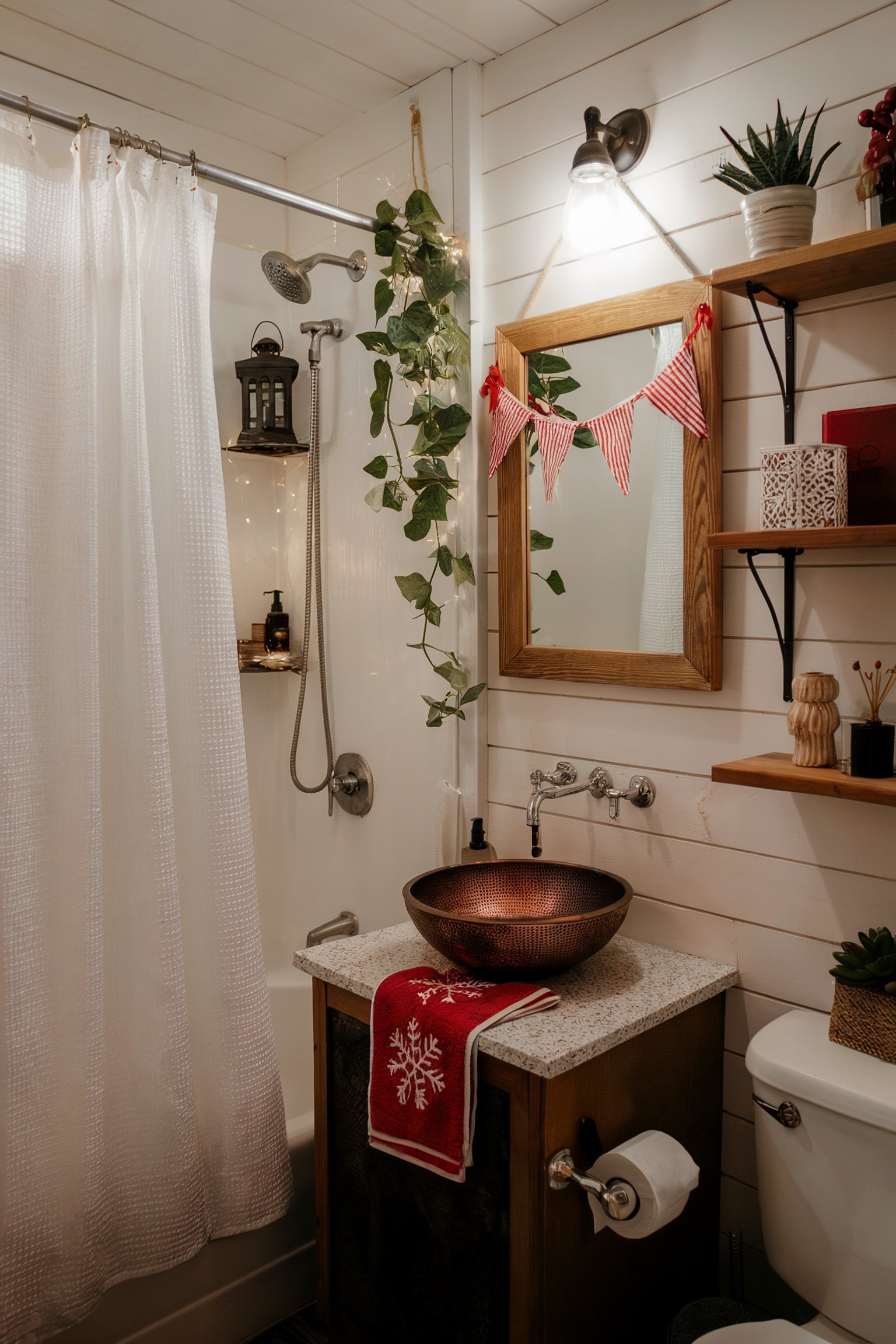 A cozy bathroom with shiplap walls, a red snowflake towel, hanging greenery, and a bowl sink on a rustic wooden vanity
