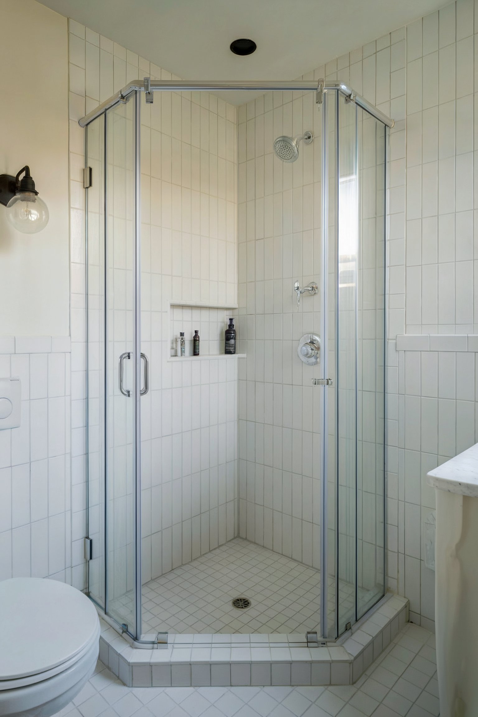 A minimalist bathroom with a corner shower, glass doors, and white square and rectangular tiles