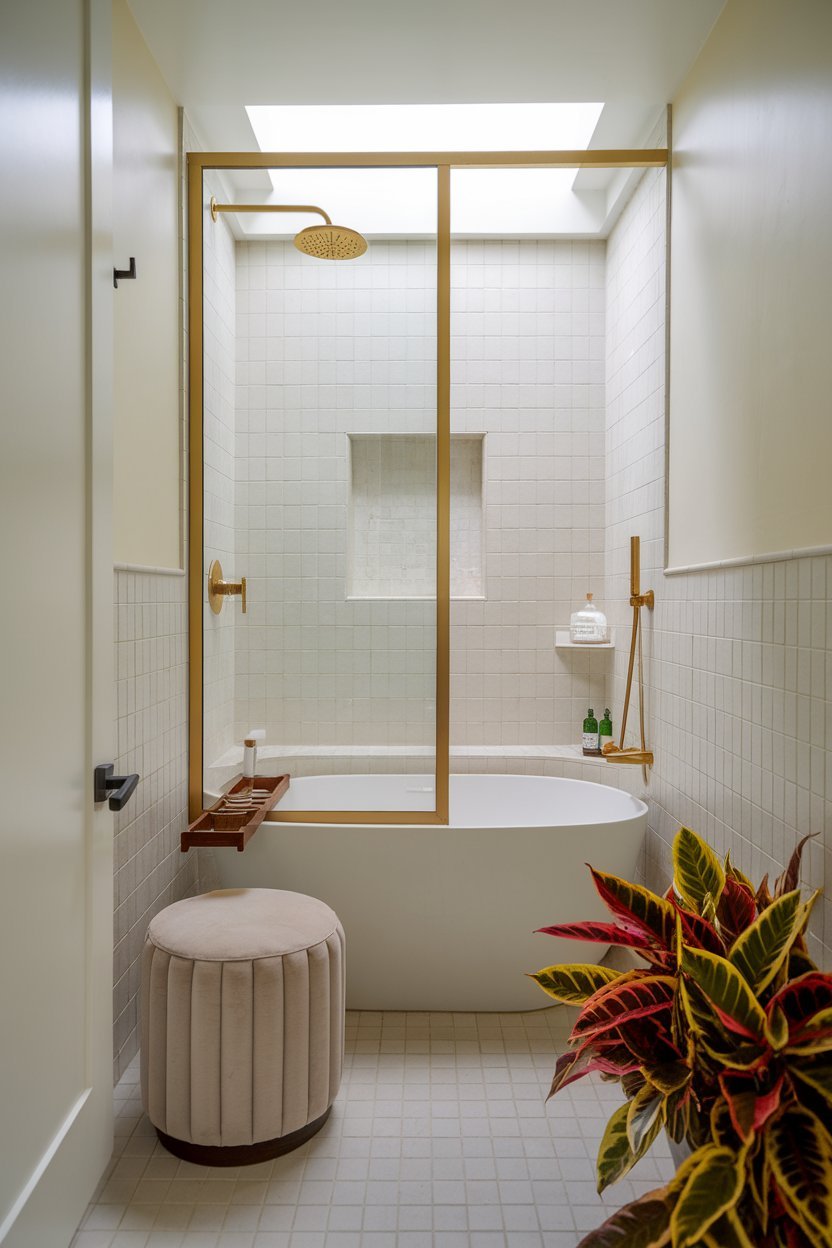A minimalist bathroom with a shower-tub combination enclosed by a gold-framed glass panel