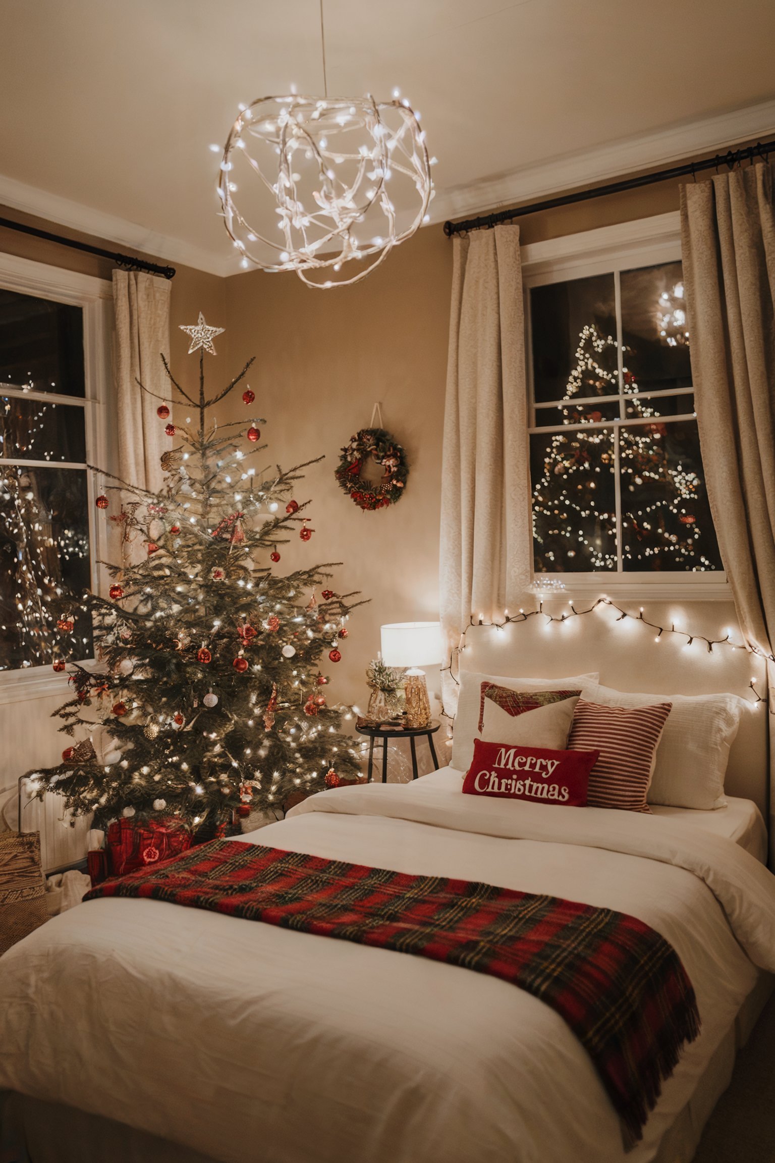 Festive bedroom with a glowing Christmas tree, string lights, and a "Merry Christmas" pillow