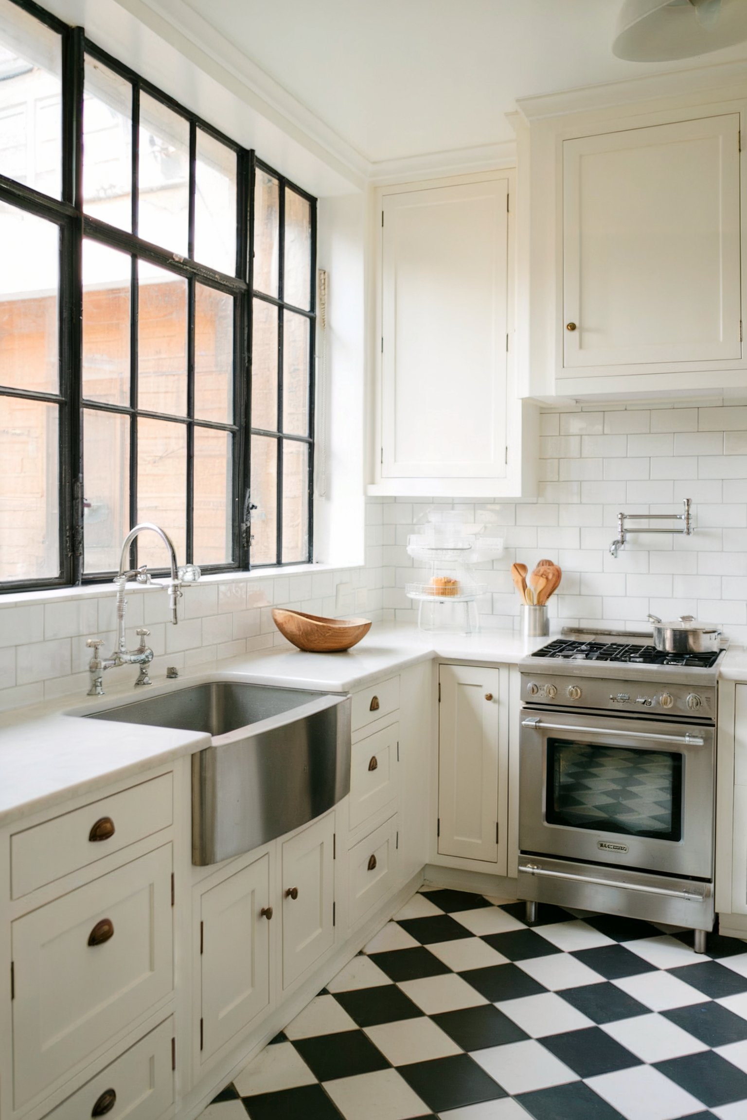 A small kitchen with white cabinets and countertops and a black and white checkered floor