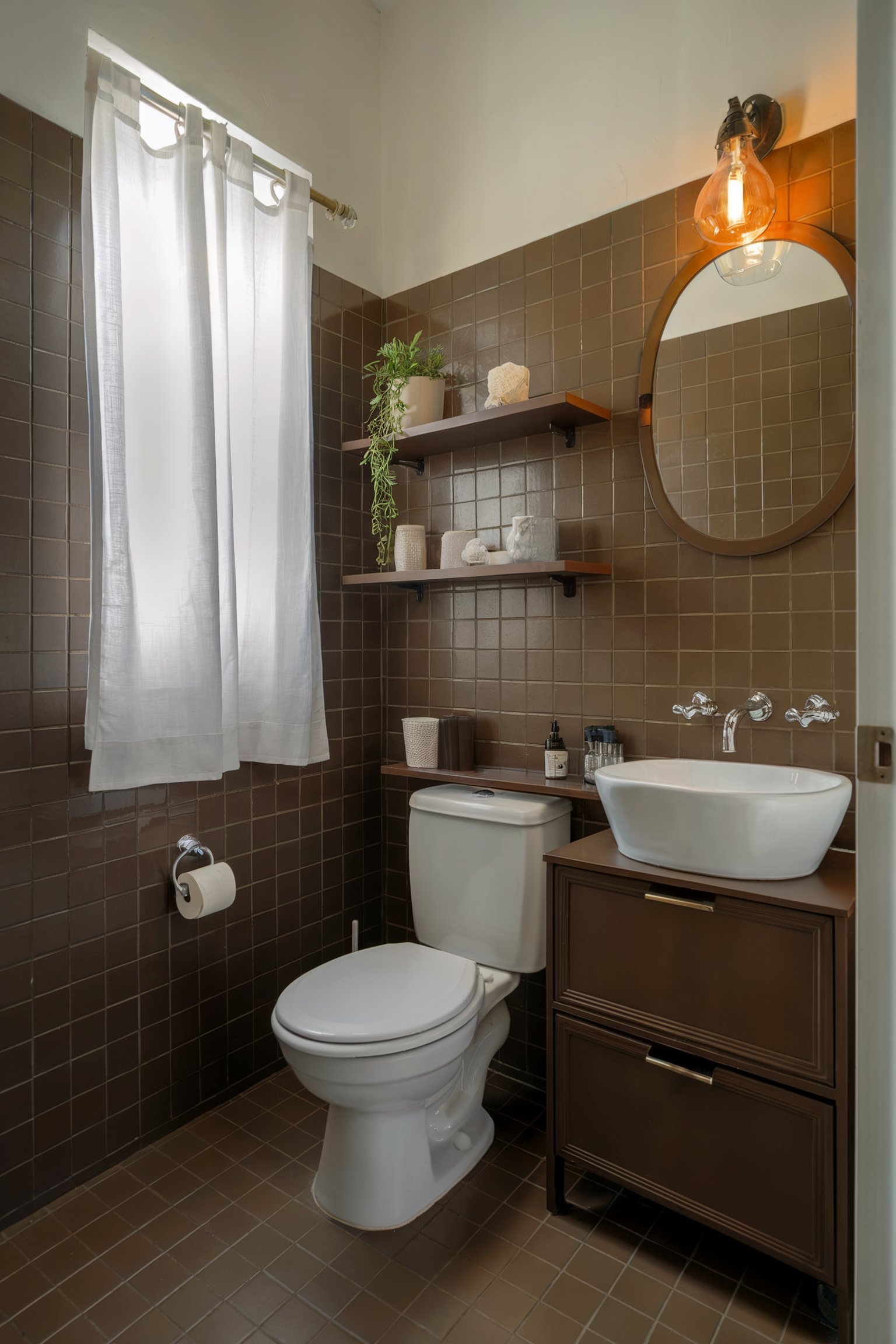 A small bathroom with brown square tiles on the walls, a white curtain, modern shelving with plants and accessories and a compact sink and toilet