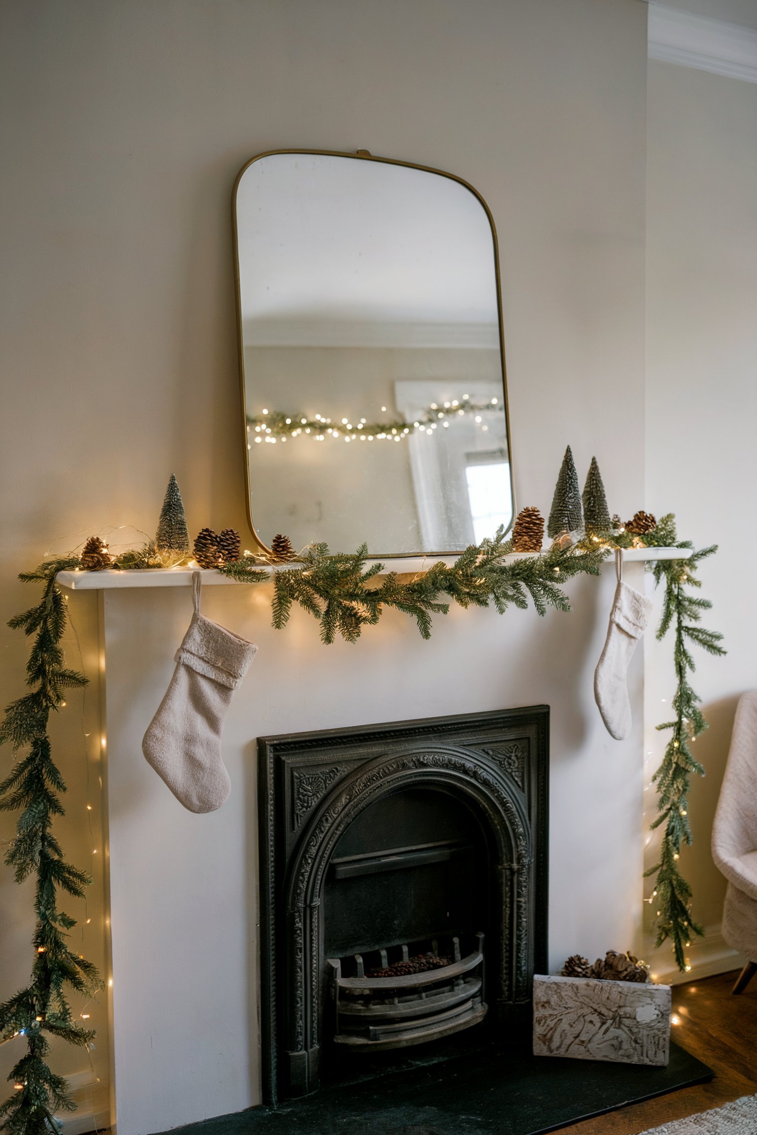 Small fireplace with a simple garland, pinecones, white stockings, and mini Christmas trees, framed by a mirror above