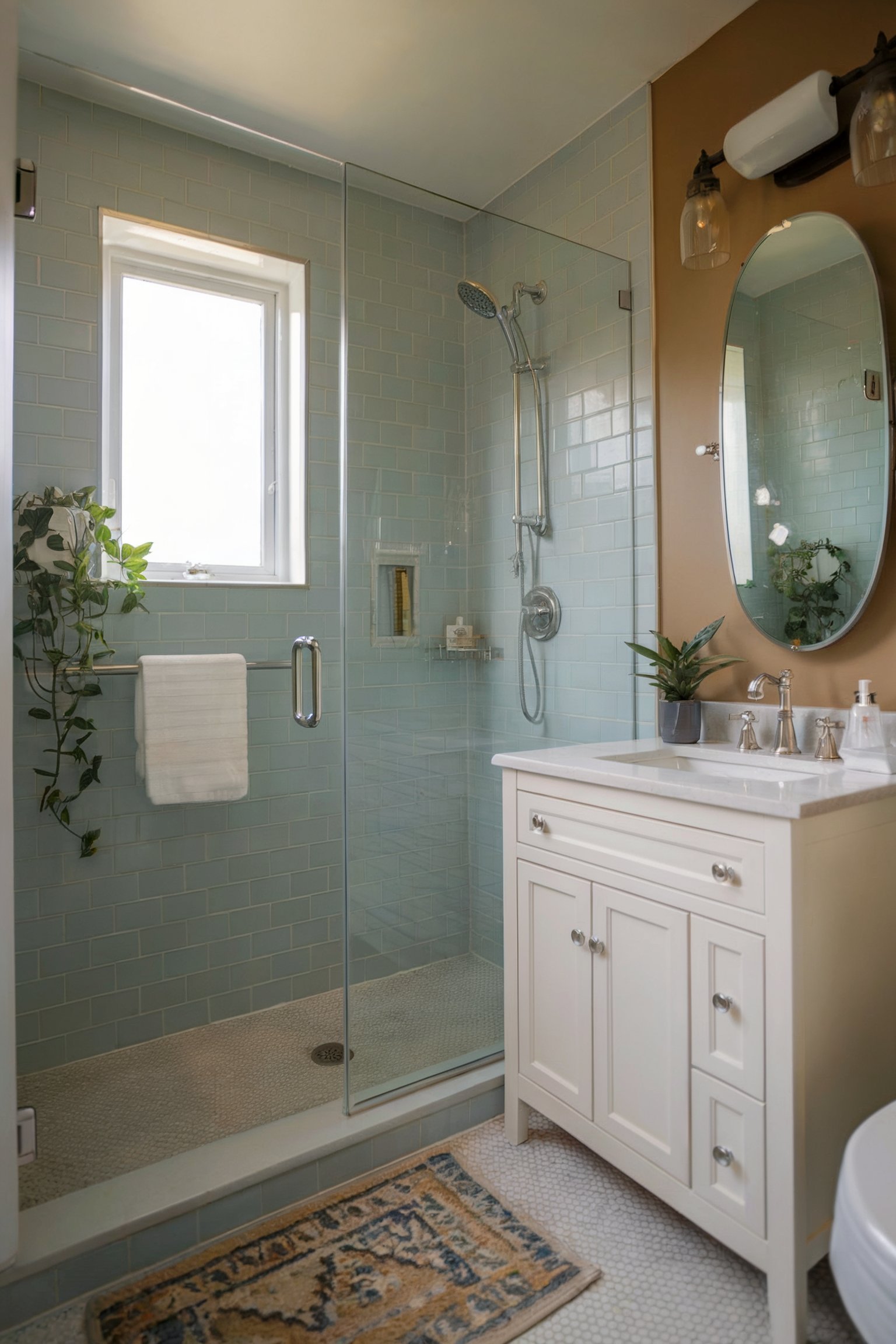A small bathroom with a glass-enclosed shower, pale blue subway tiles, and a white vanity