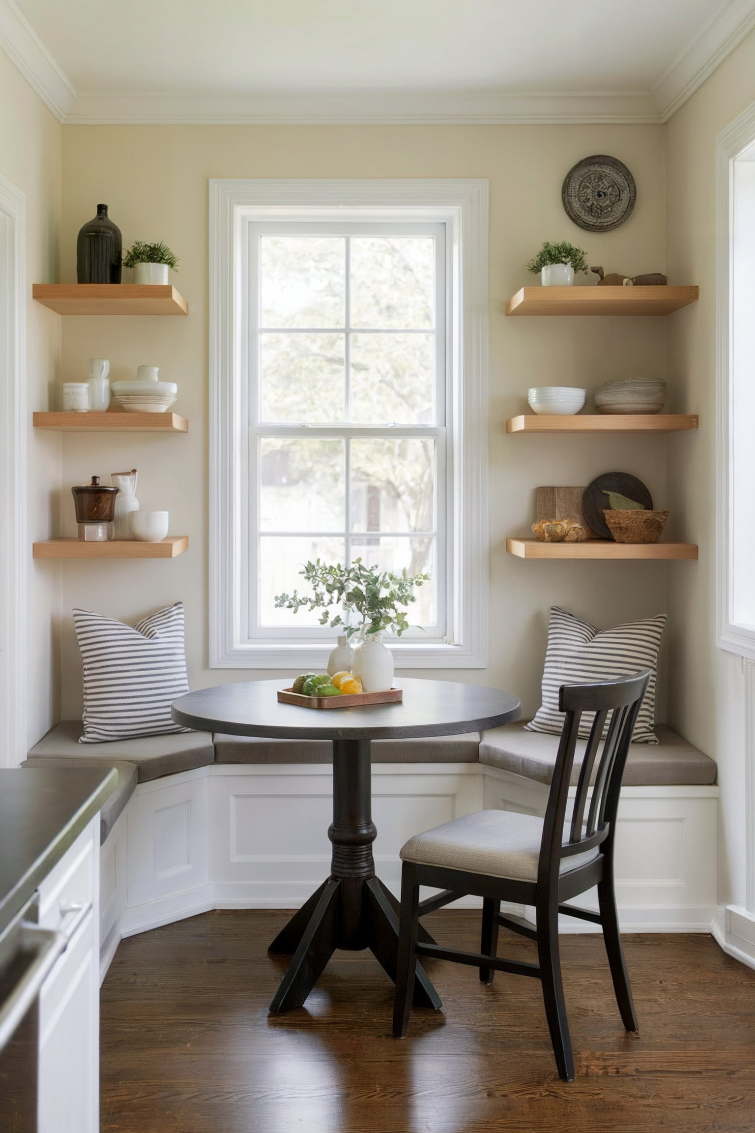 Simple nook with a round table, bench seating, and floating shelves in neutral tones