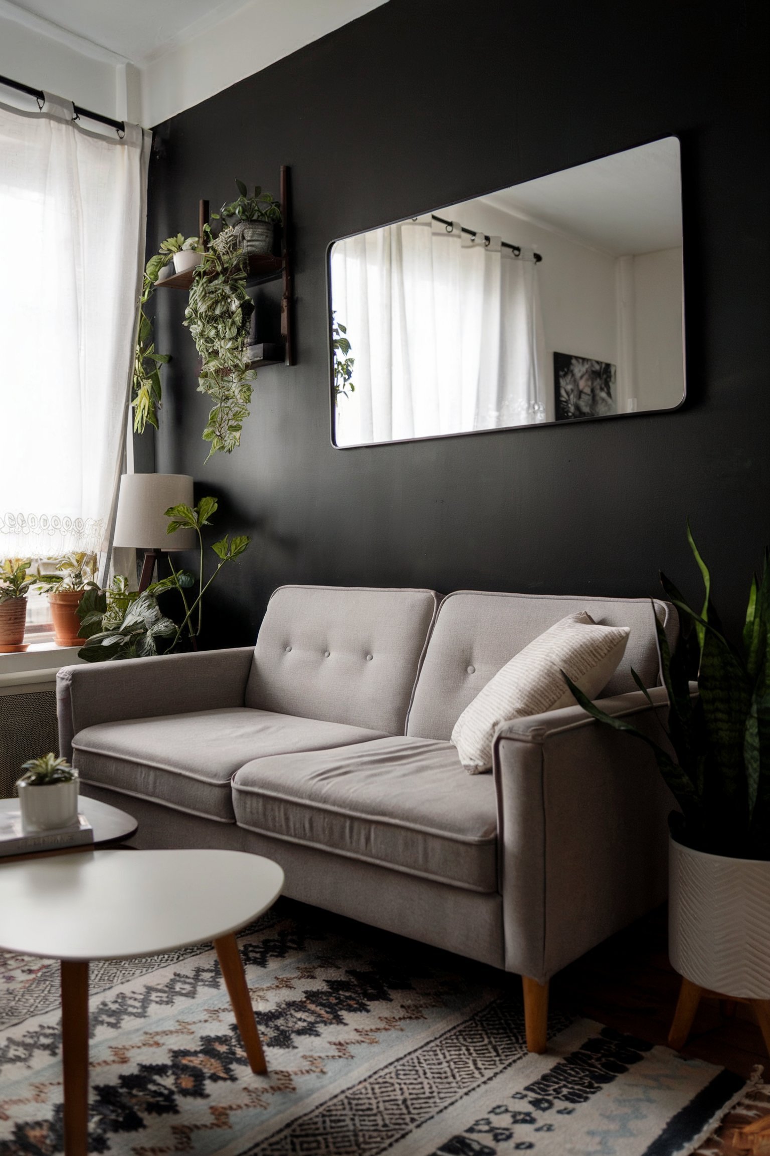 A small living room featuring a gray sofa, a black accent wall with a mirror and plants, and soft natural light from sheer curtains