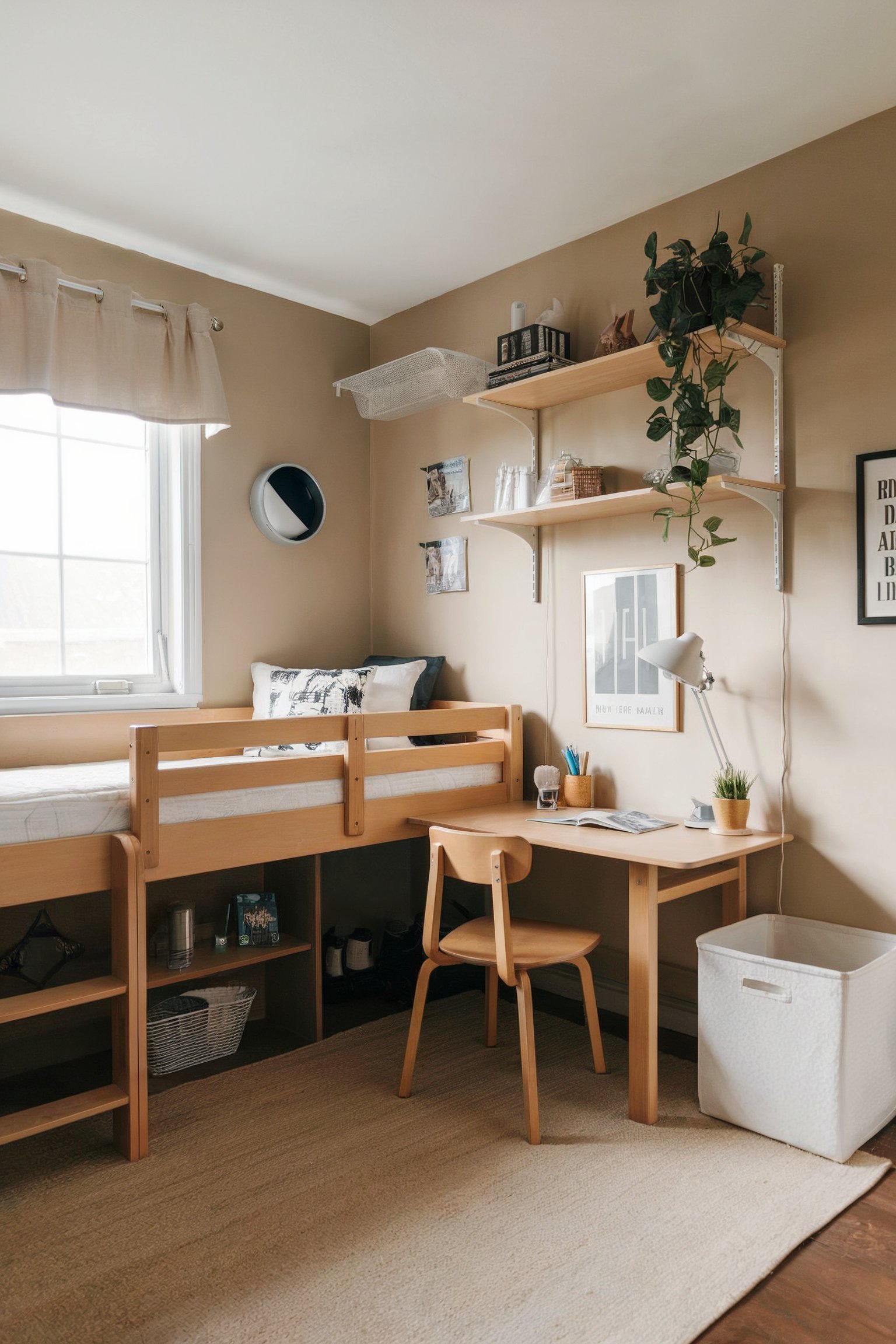 A cozy bedroom with a wooden loft bed, workspace underneath, and shelves holding plants and decor