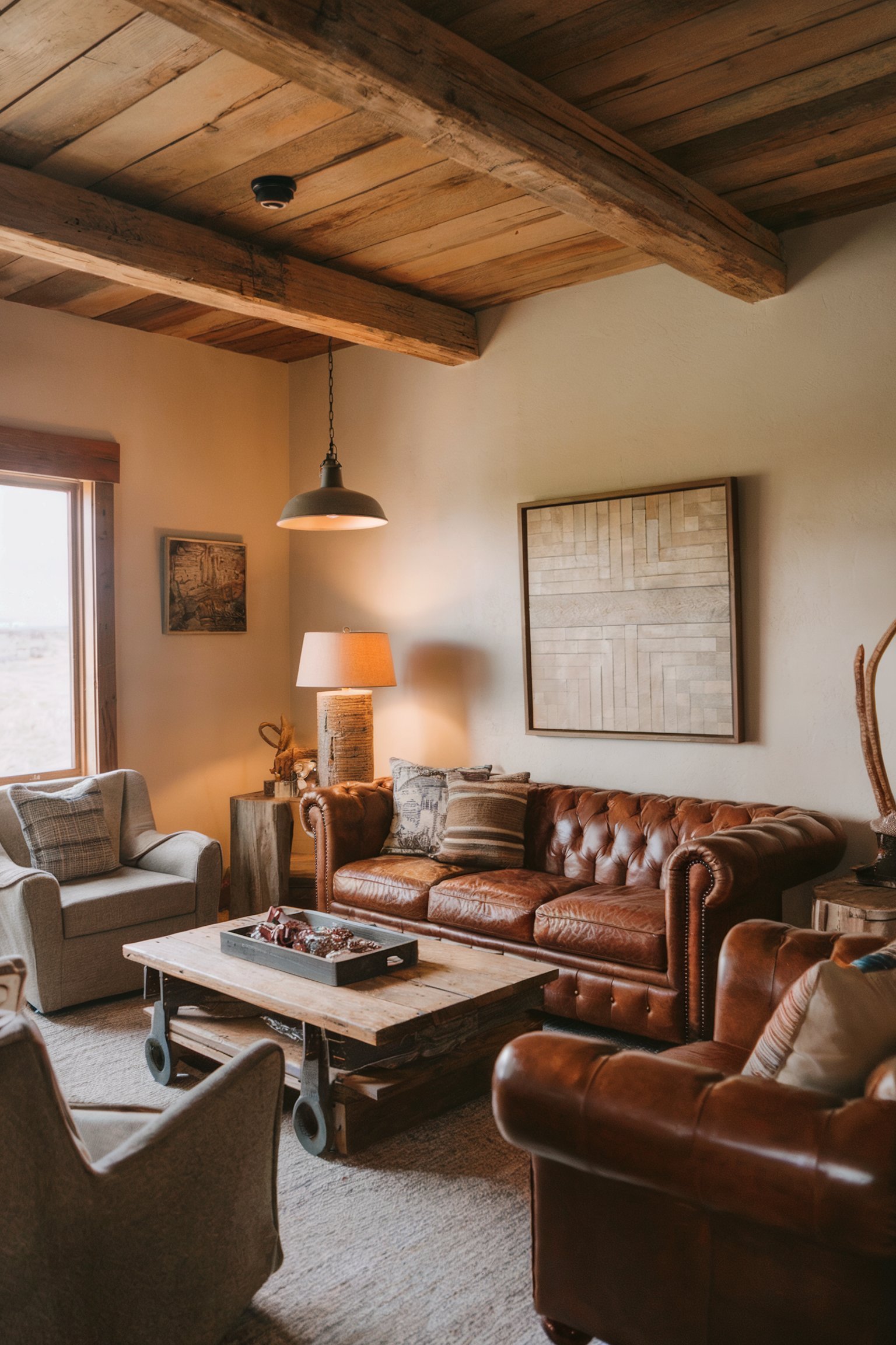 Rustic living room featuring a leather sofa, wooden coffee table, and exposed wood beams