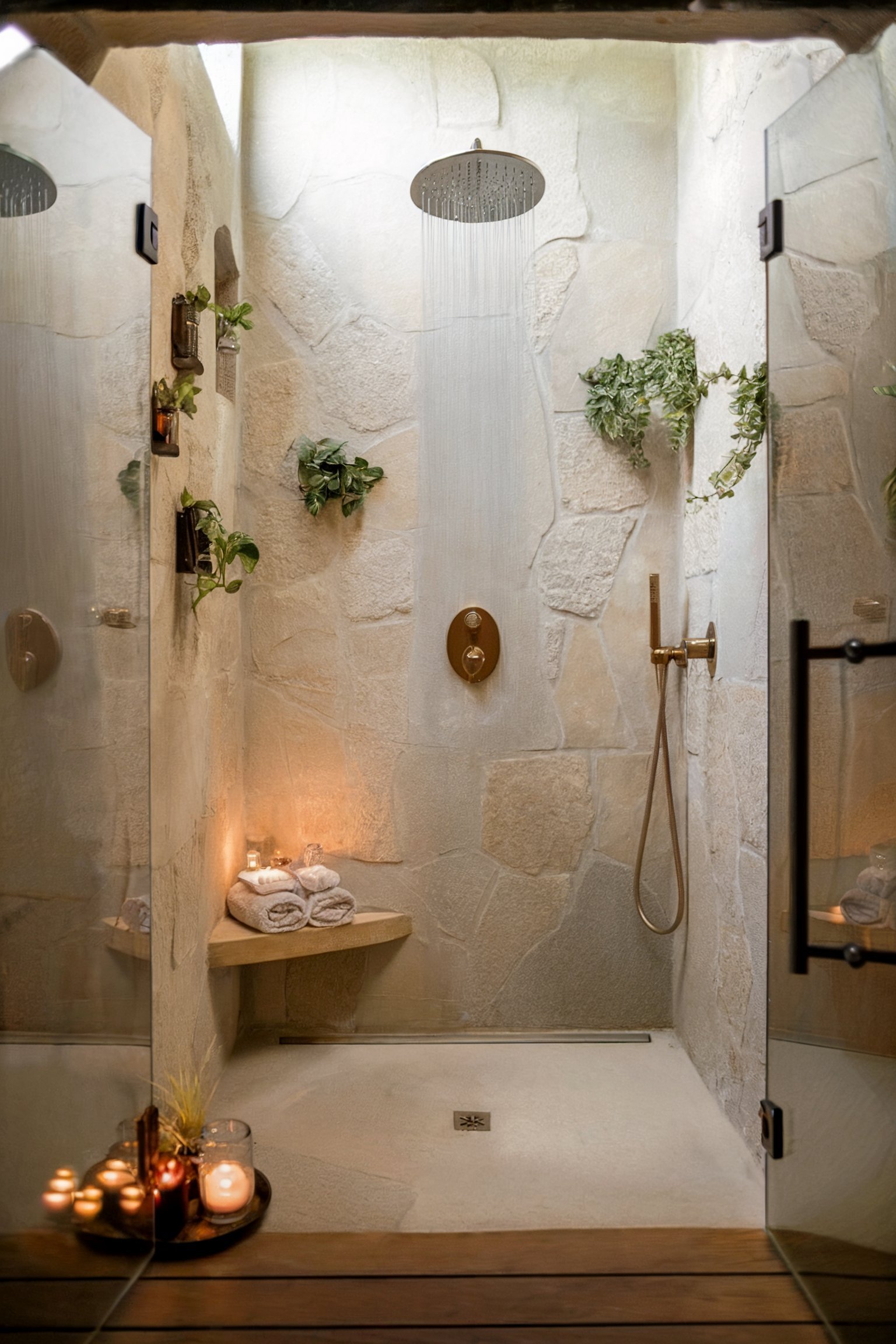 A spa-inspired shower with stone walls, plants, and a rain showerhead for a relaxing atmosphere