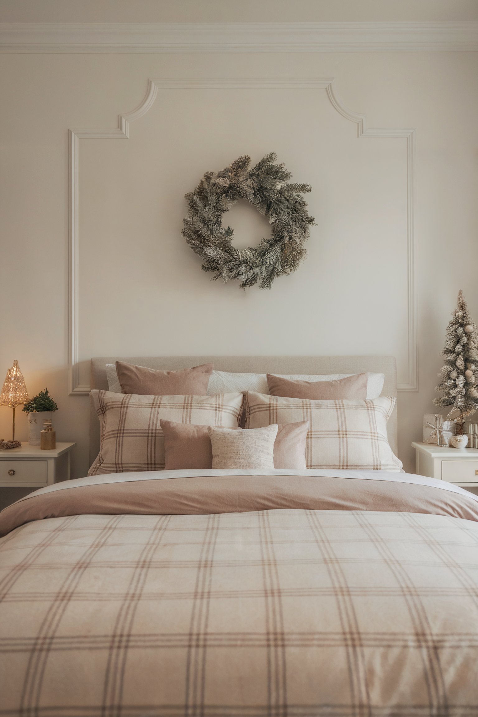 A neutral Christmas bedroom with plaid bedding, a frosted wreath, and a lit tree on the nightstand